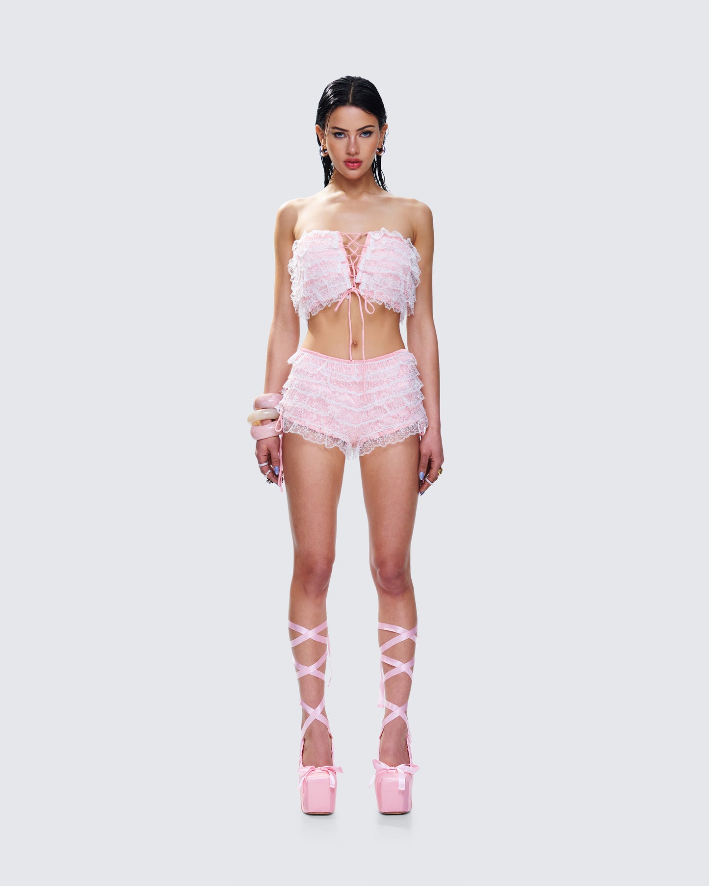 Hali Pink Lace Up Ruffle Set model front