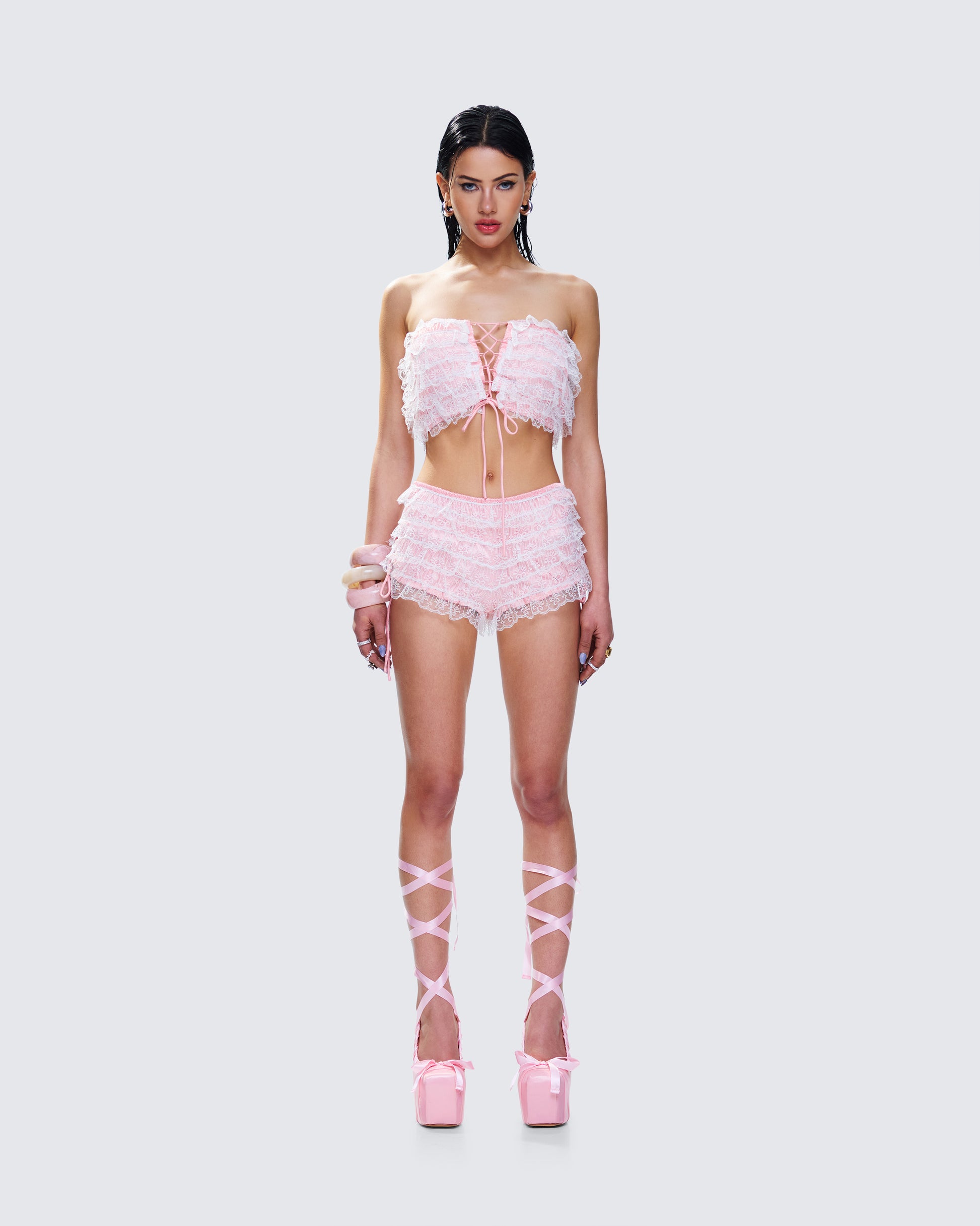 Hali Pink Lace Up Ruffle Set model front
