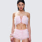 Hali Pink Lace Up Ruffle Strapless Crop Top model front