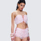 Hali Pink Lace Up Ruffle Strapless Crop Top