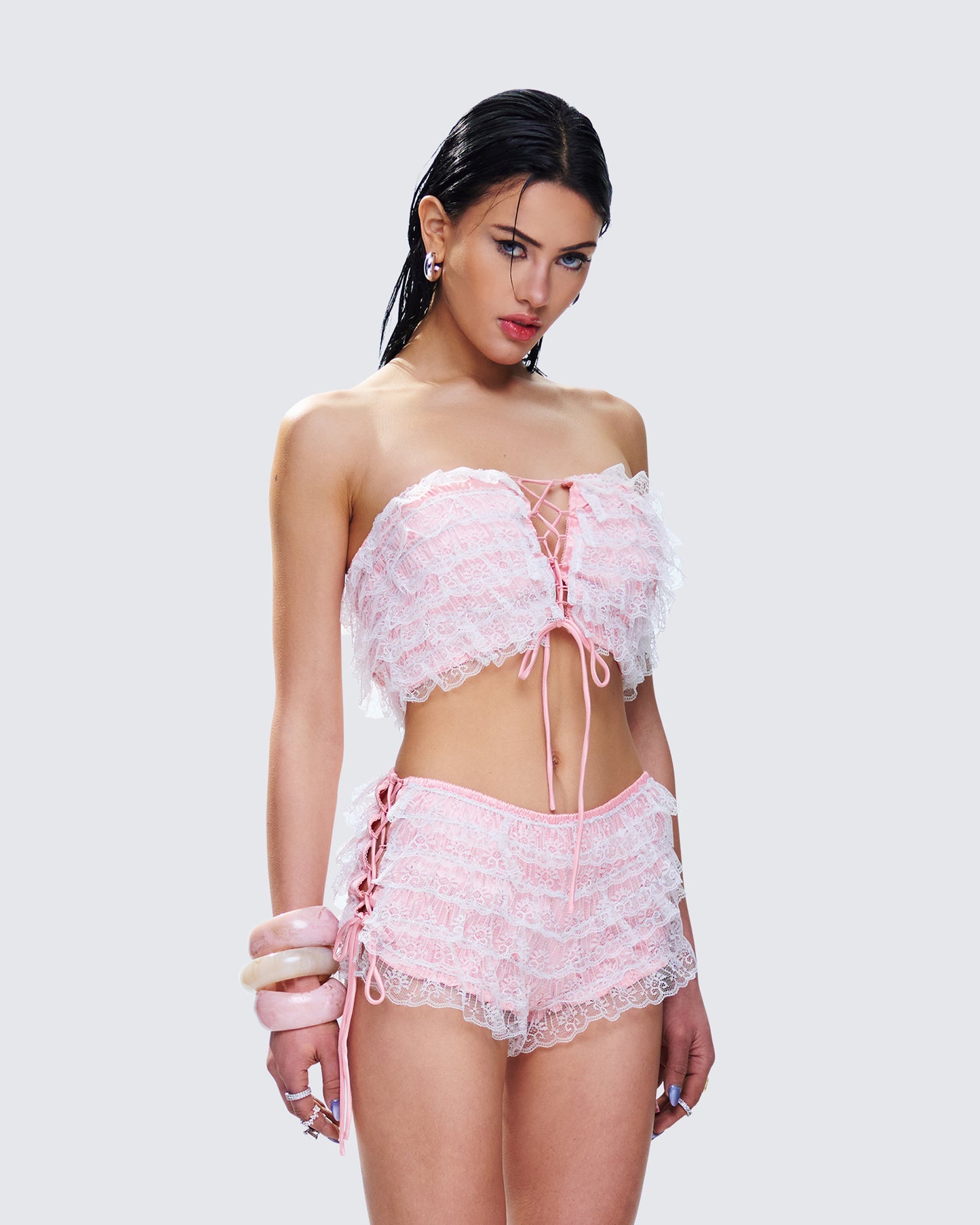 Hali Pink Lace Up Ruffle Strapless Crop Top