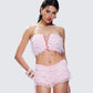Hali Pink Lace Up Ruffle Strapless Crop Top