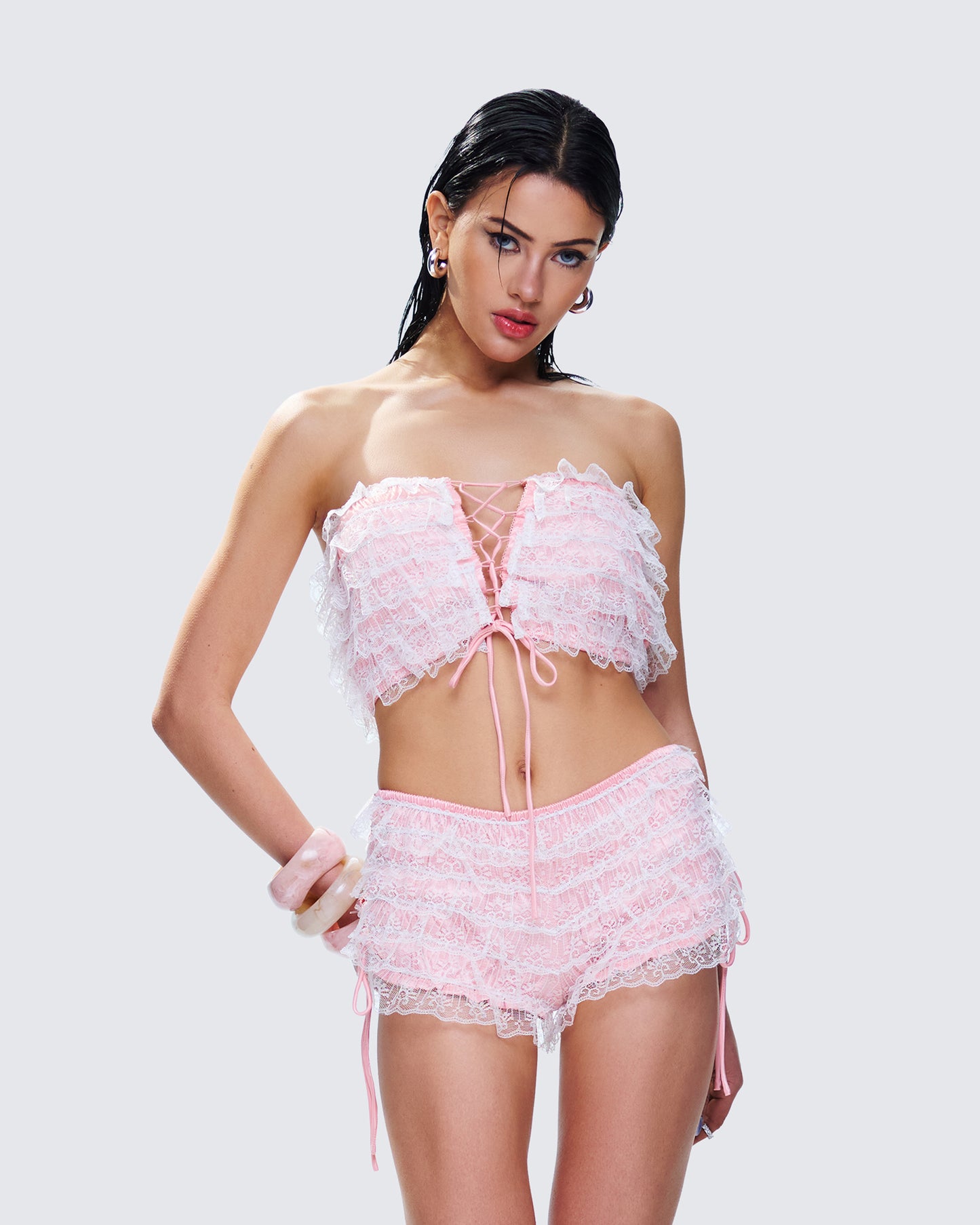 Hali Pink Lace Up Ruffle Strapless Crop Top