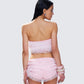 Hali Pink Lace Up Ruffle Strapless Crop Top