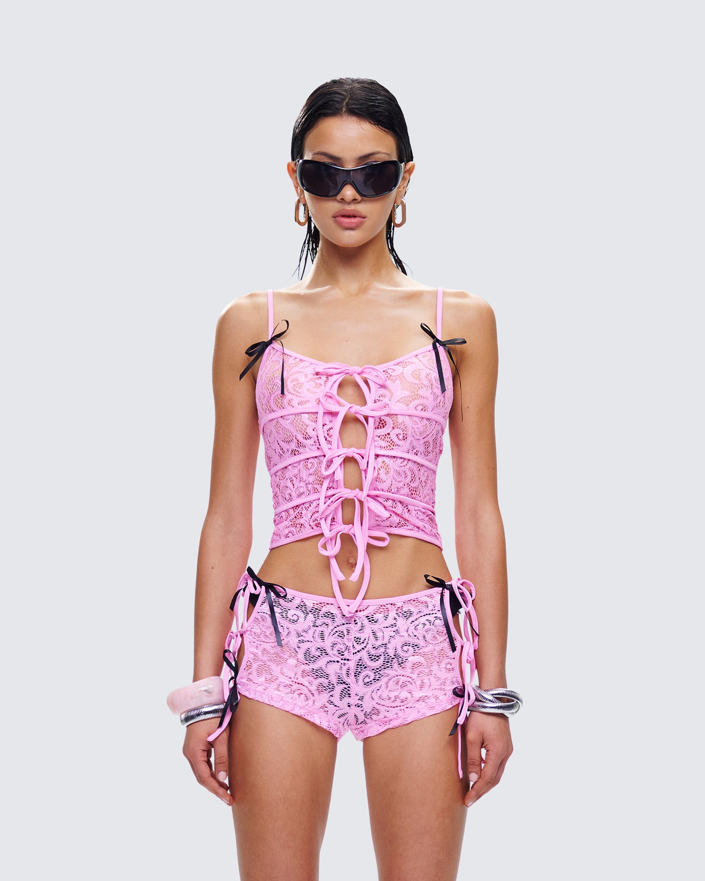 Halsey Pink Lace Tie Front Top model front