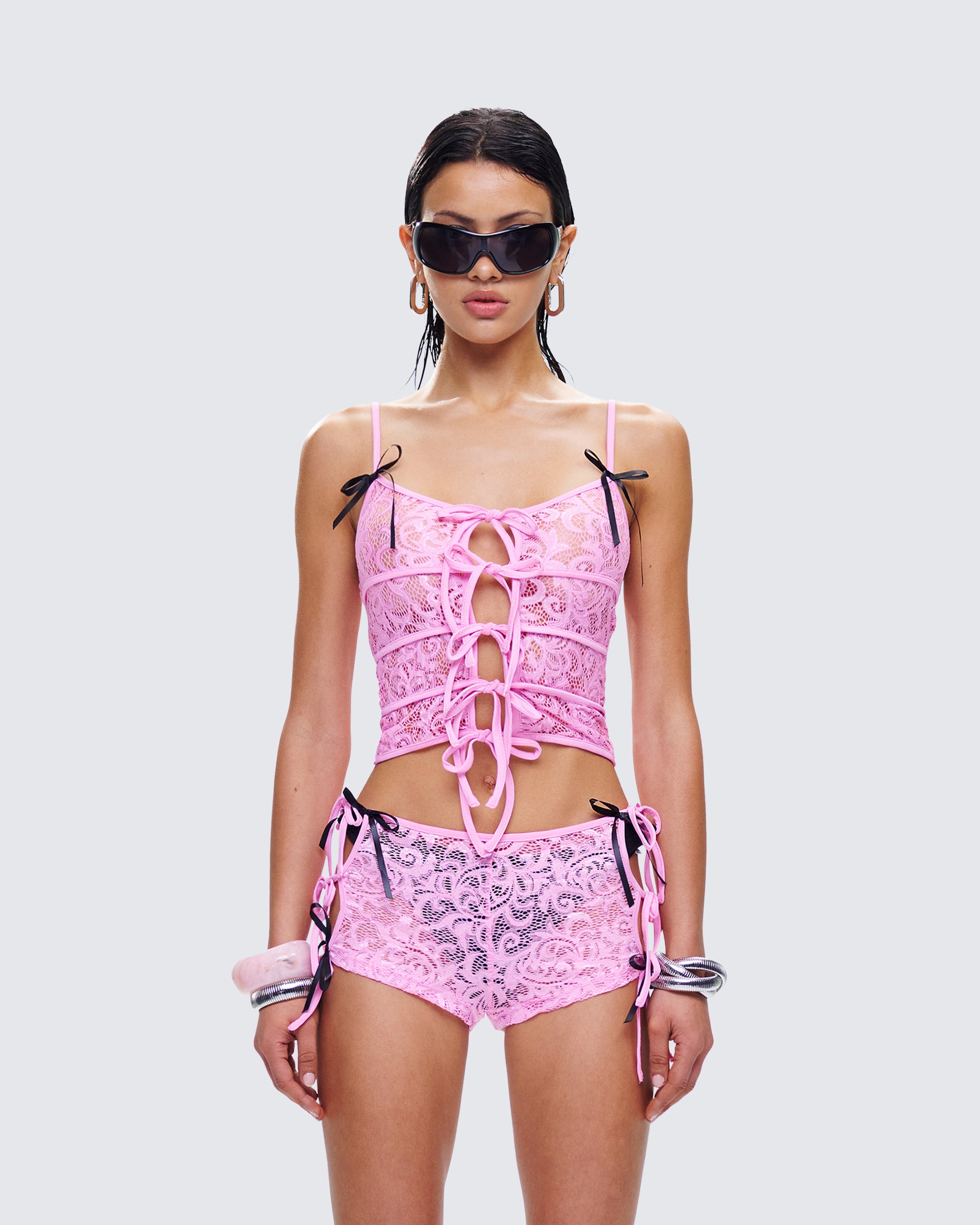Halsey Pink Lace Tie Front Top model front