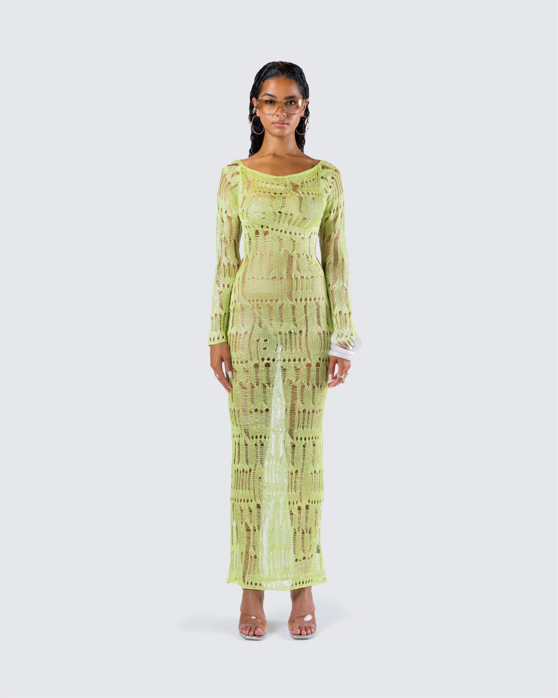 Hartley Green Open Knit Maxi Dress model front
