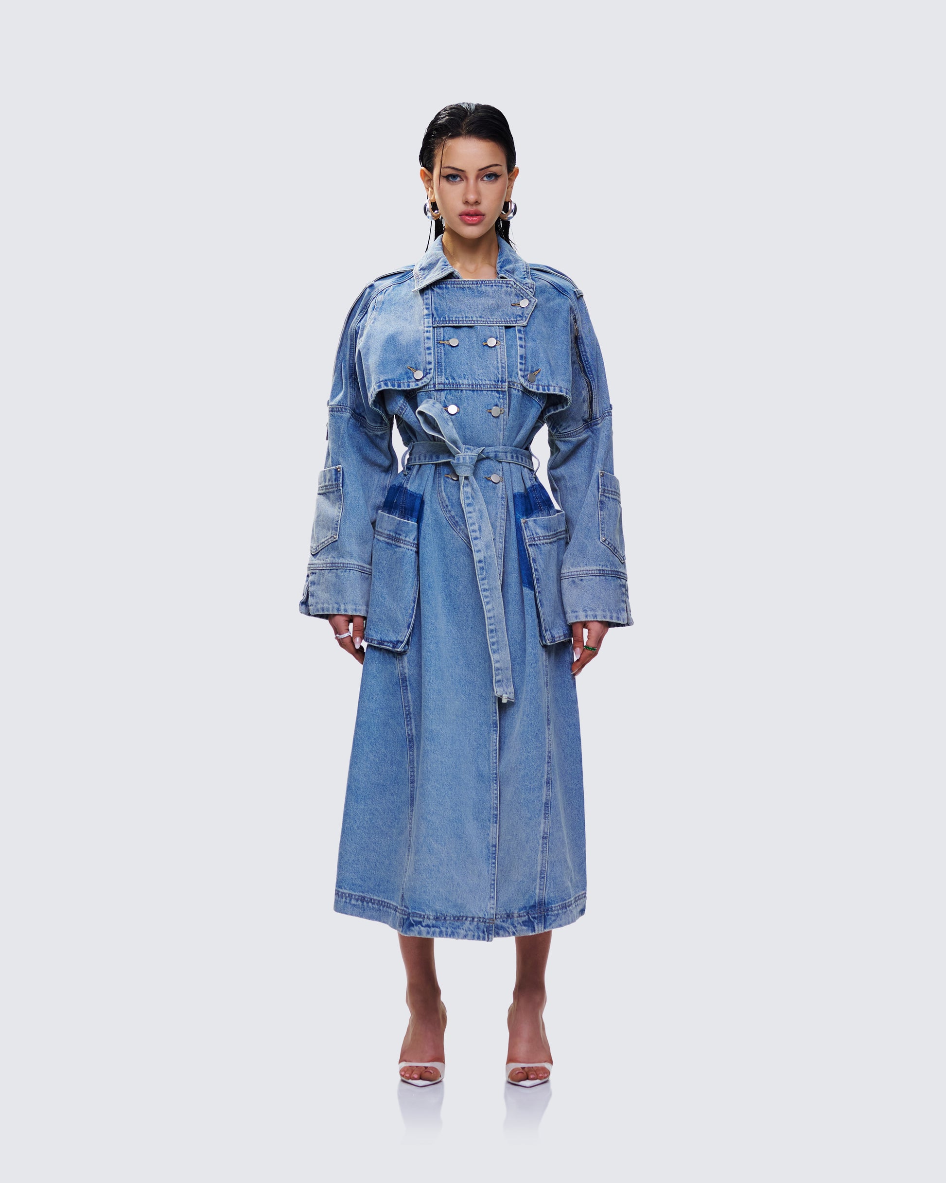 Hestia Denim Trench Coat model front