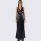 Holly Black Satin Cowl Maxi Dress model front