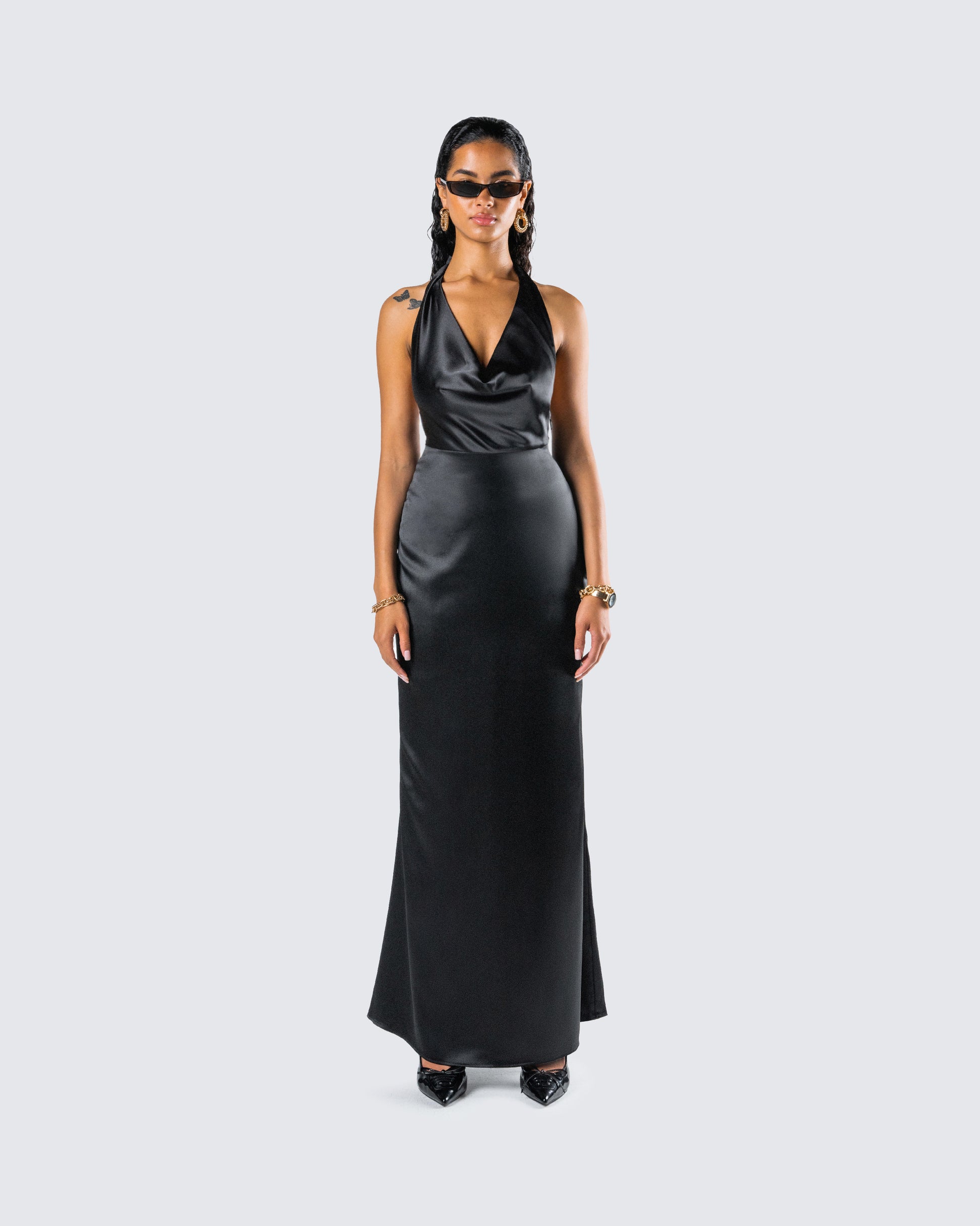 Holly Black Satin Cowl Maxi Dress model front