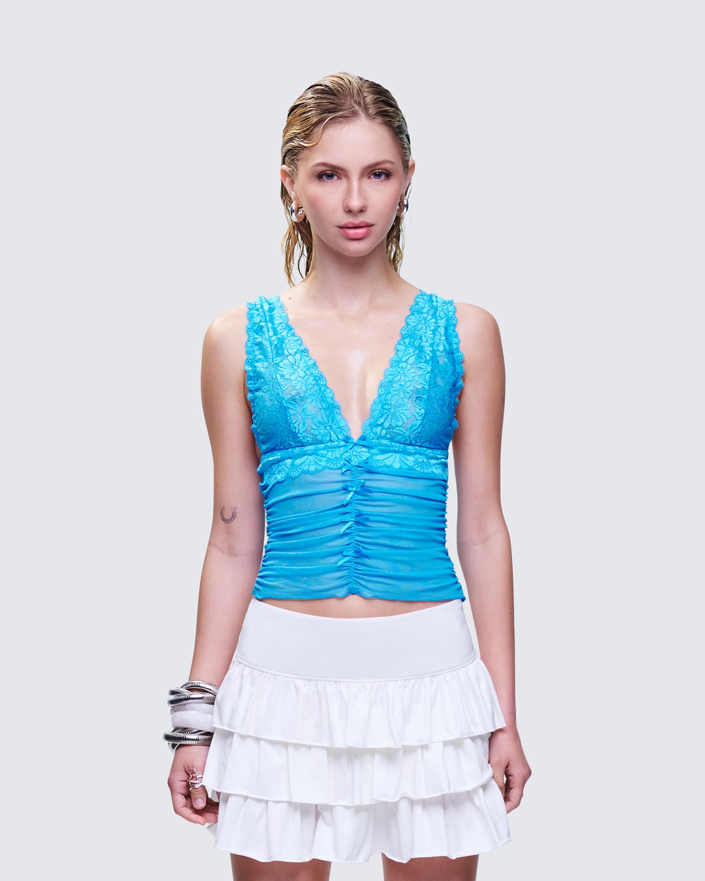 Hyacinth Blue Floral Bow Detail Top model front