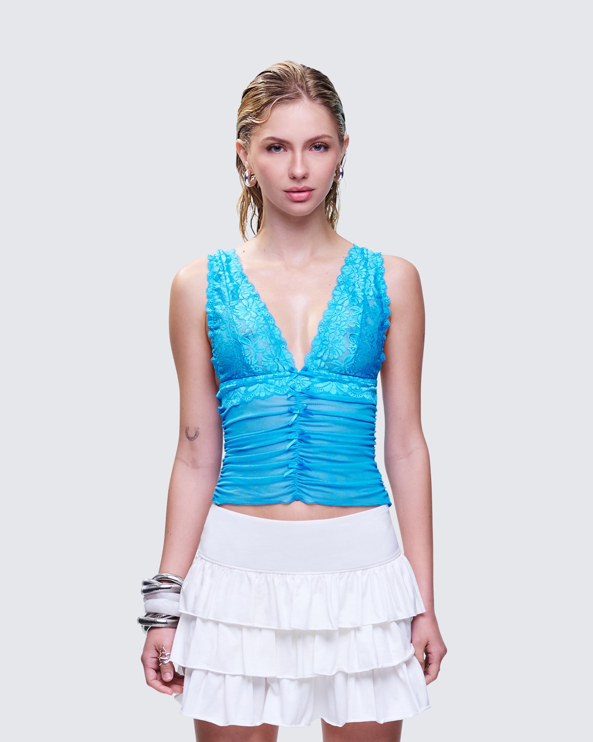 Hyacinth Blue Floral Bow Detail Top model front