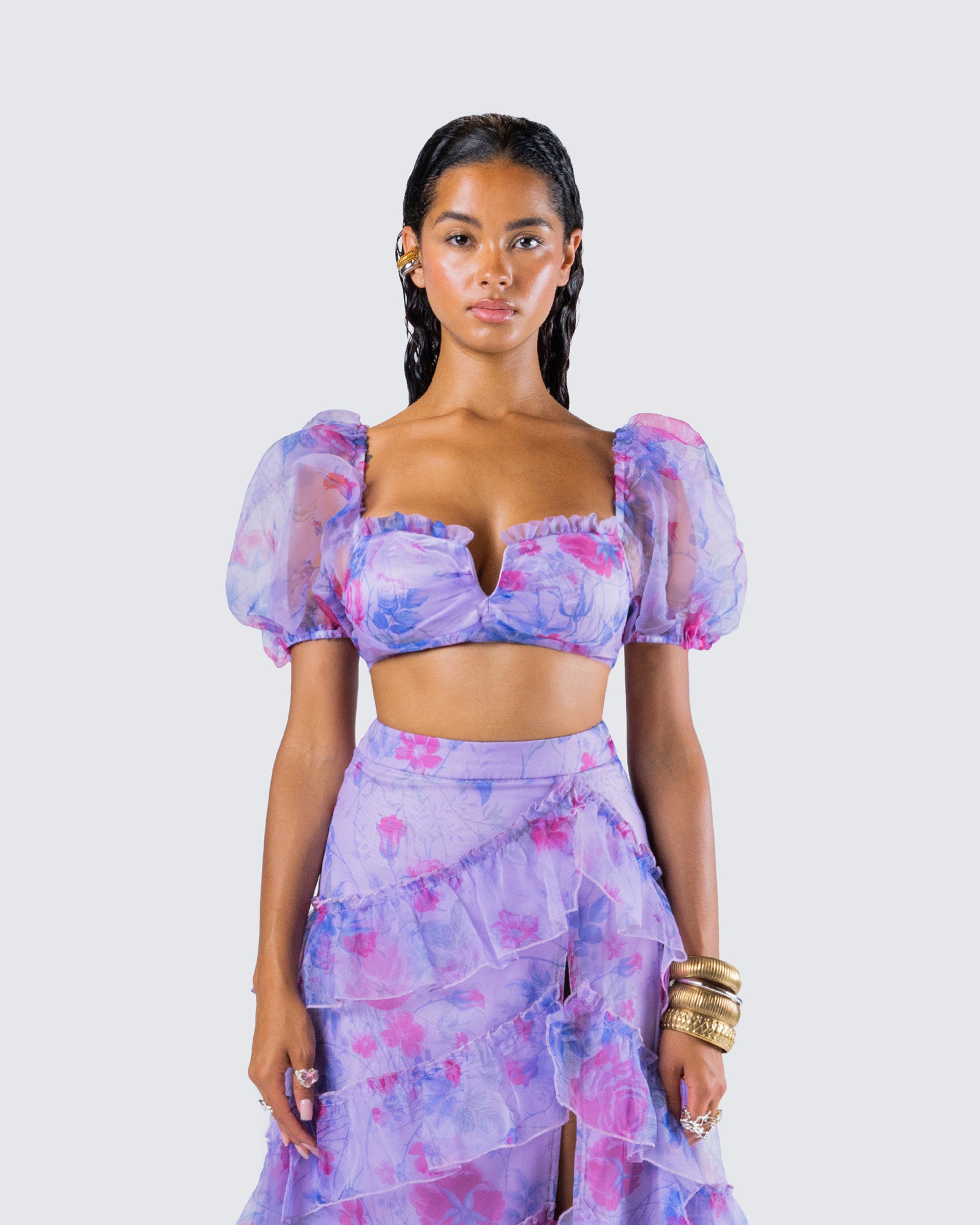 Ida Purple Floral Organza Top model front
