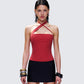 Idalia Red Asymmetrical Halter Top model front