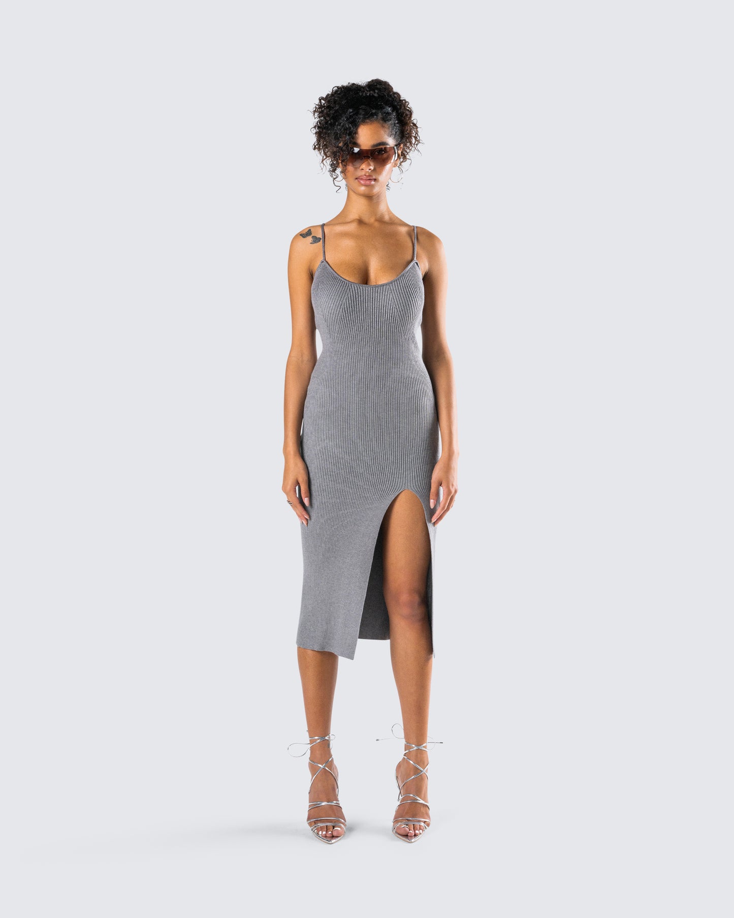 Ilana Grey Rib Sweater Dress model front
