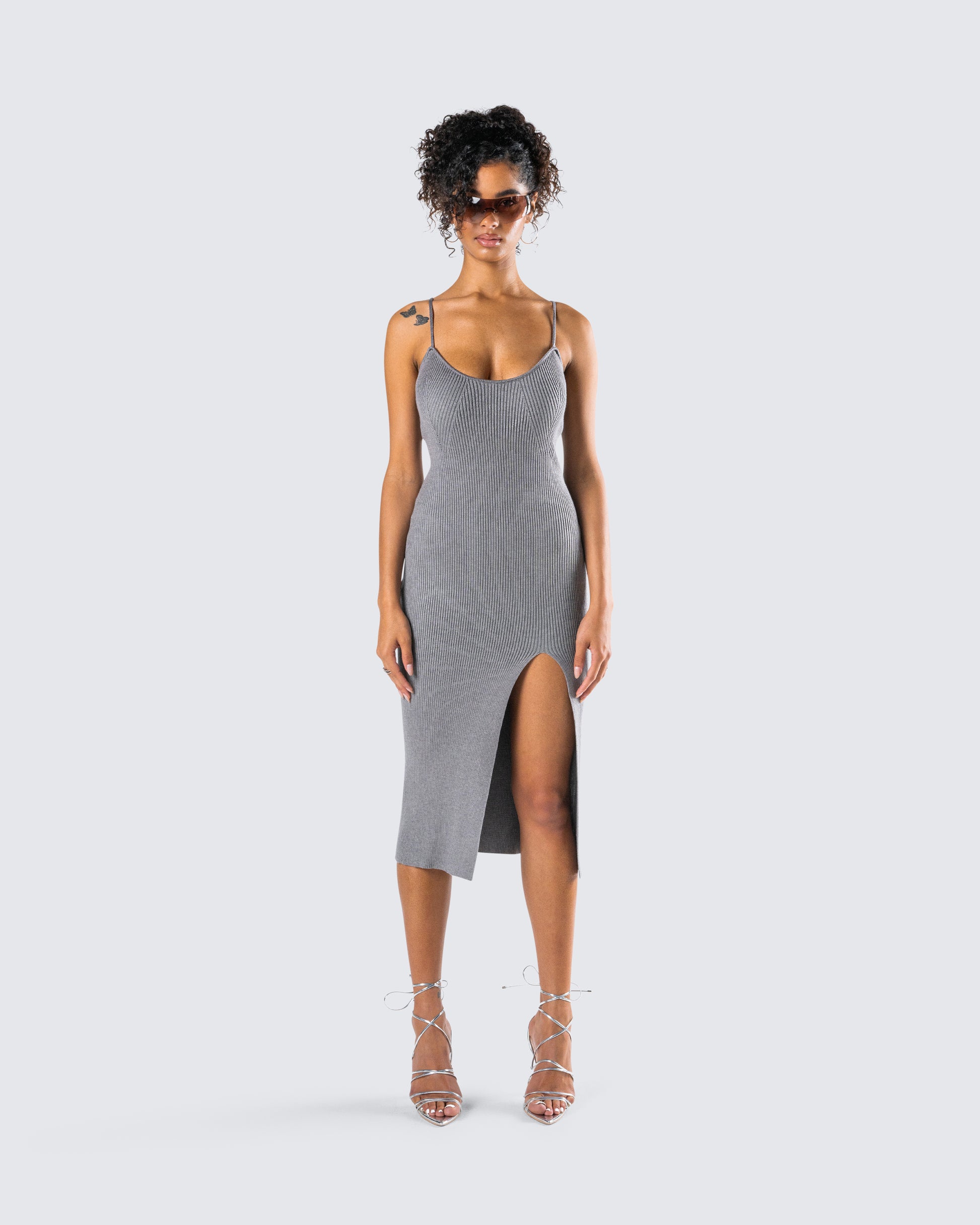 Ilana Grey Rib Sweater Dress model front