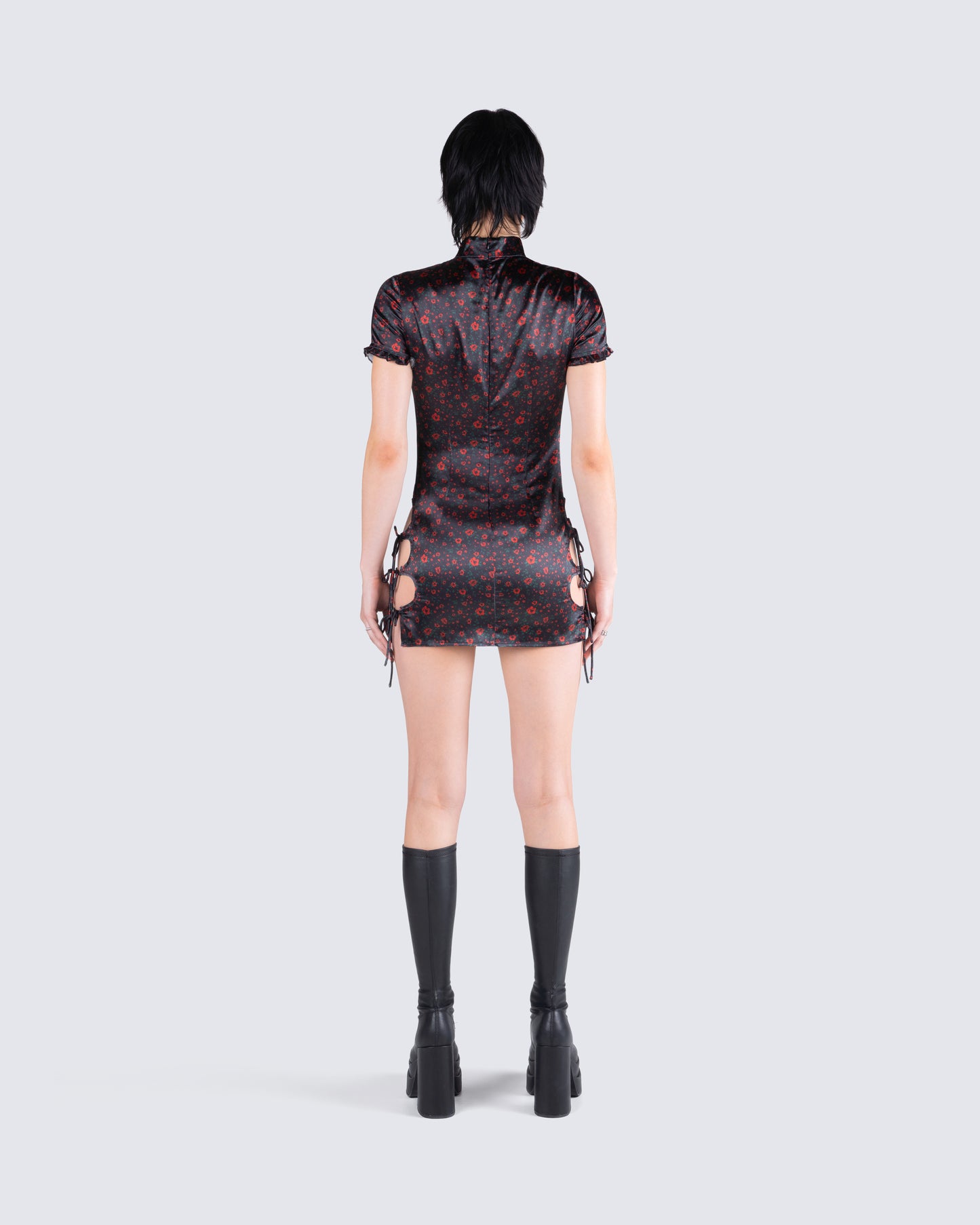 Ivie Black Floral Satin Mini Dress
