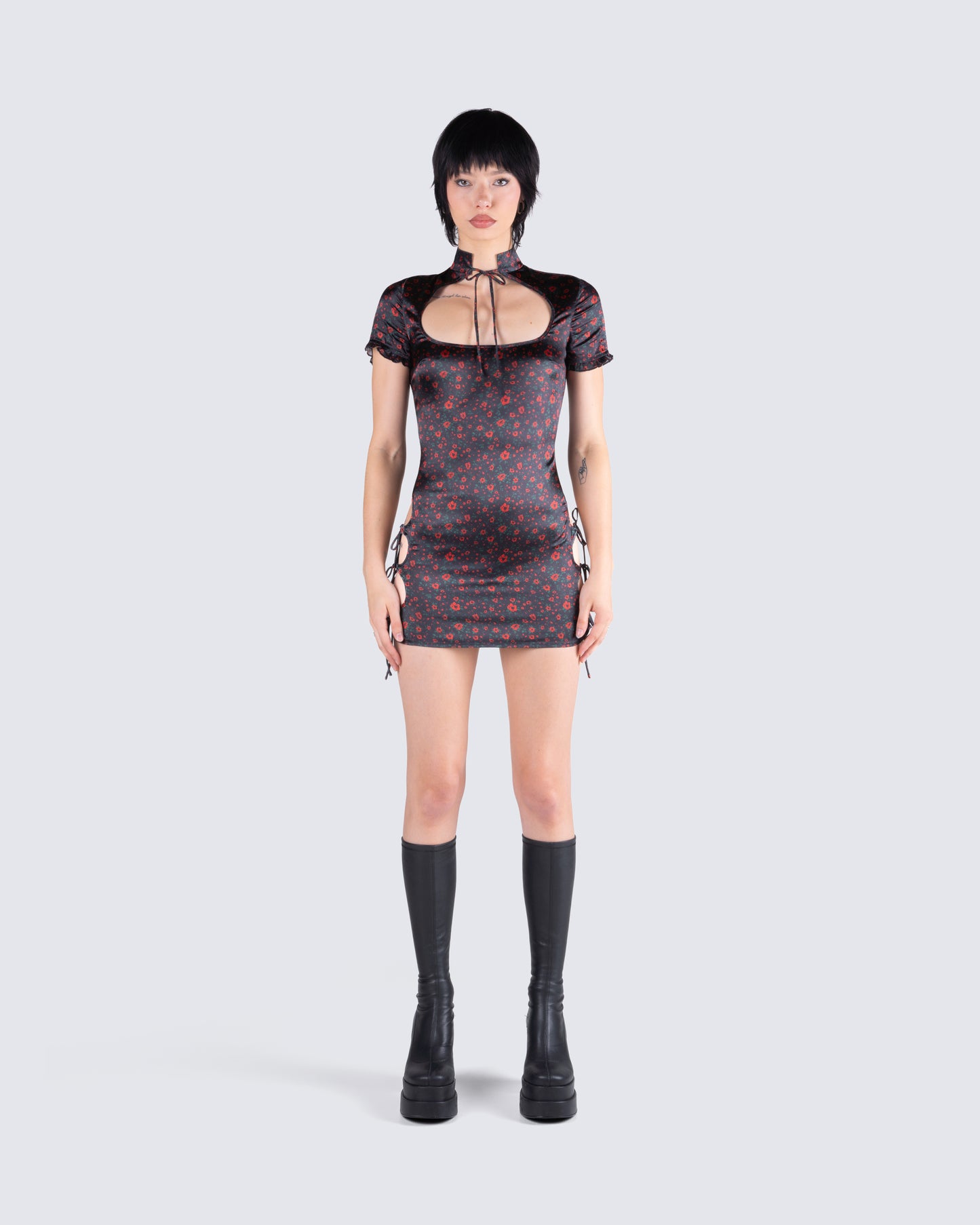 Ivie Black Floral Satin Mini Dress product front