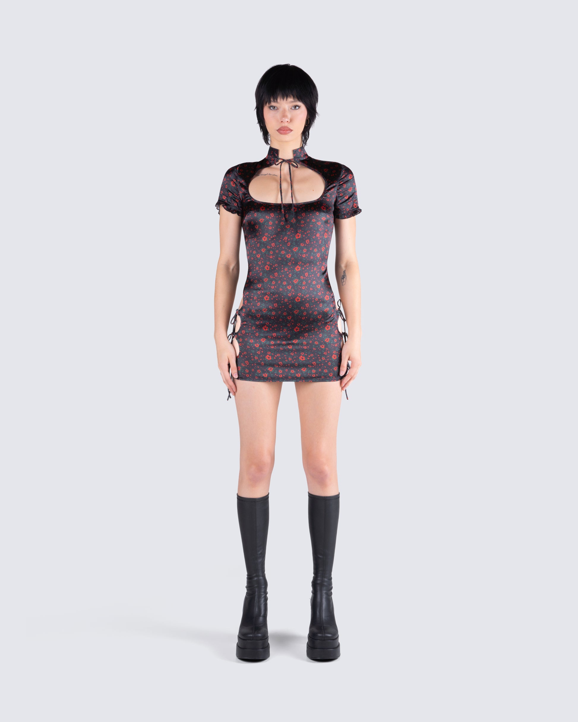 Ivie Black Floral Satin Mini Dress product front
