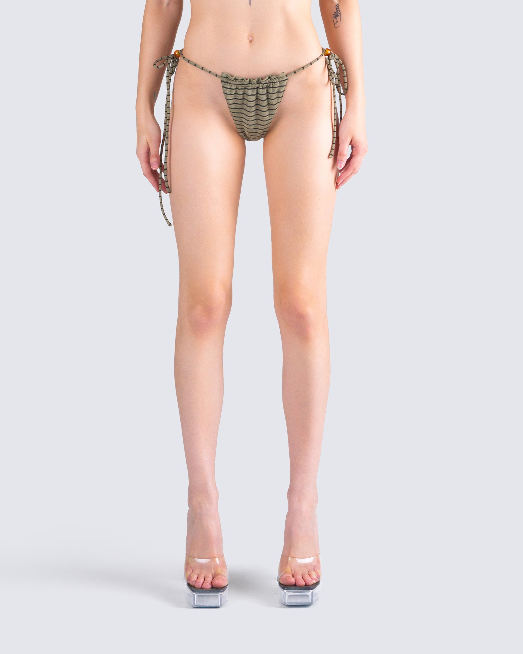 Izzy Olive Stripe Bikini Bottom model front