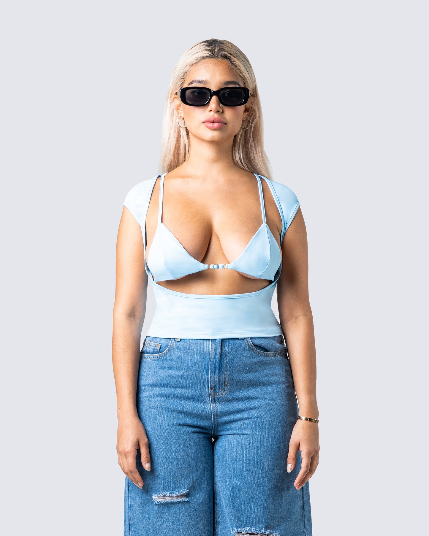 Indie Baby Blue Jersey Cut Out Top model front