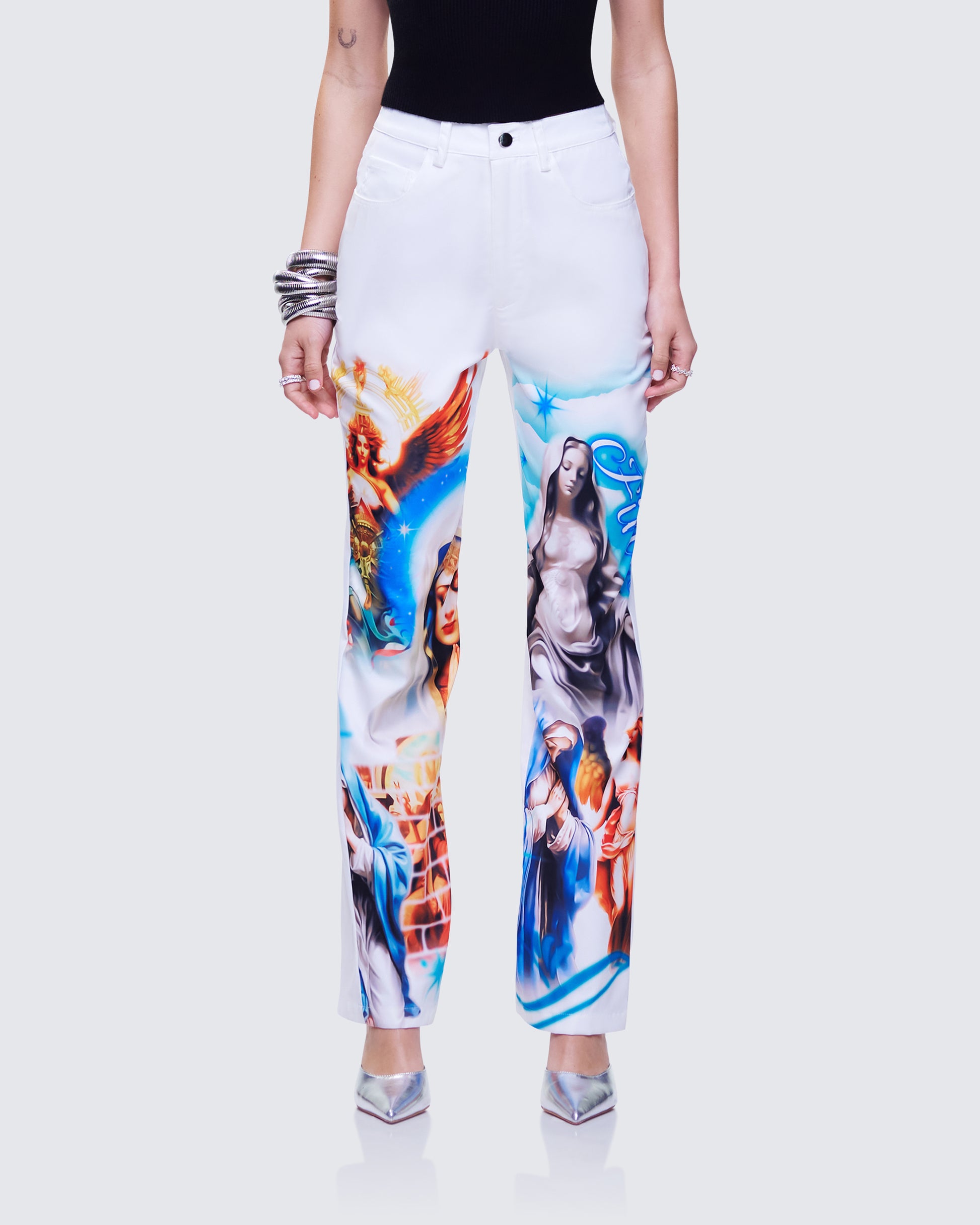 Jadyn Multi Deity Print Twill Pant model front