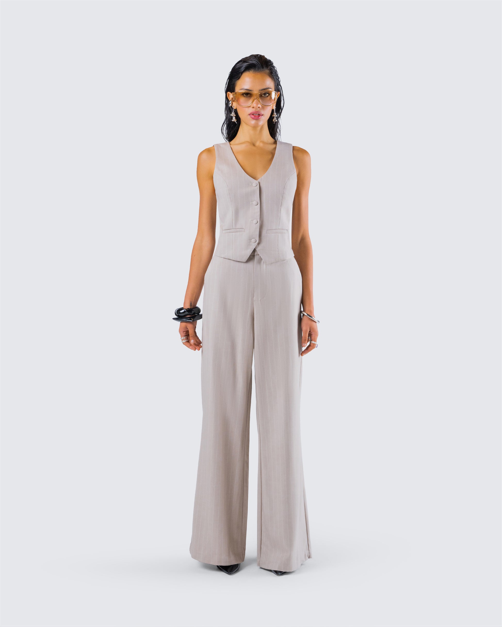 Jaelyn Beige Pinstripe Set model front