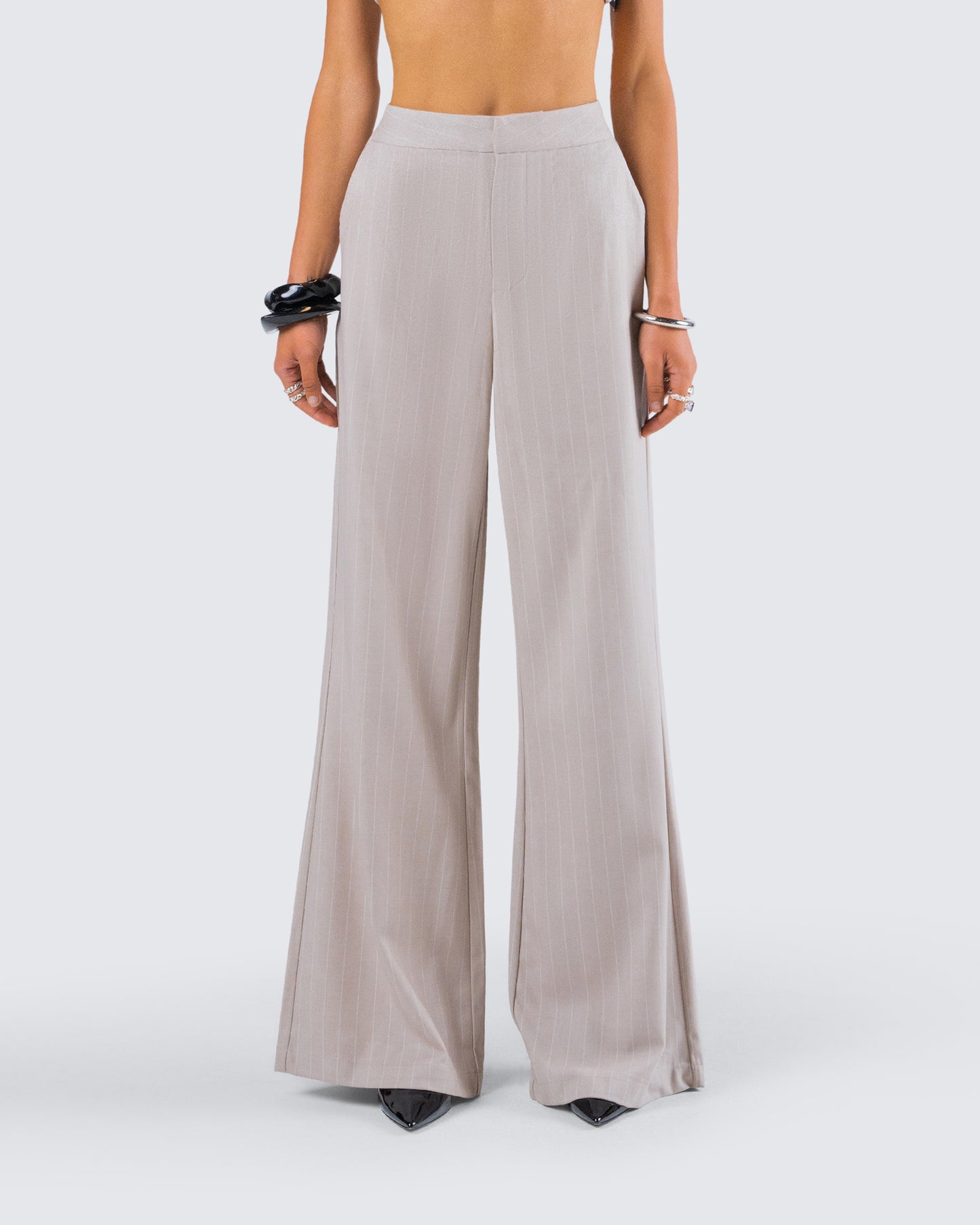 Jaelyn Beige Pinstripe Trouser
model front
