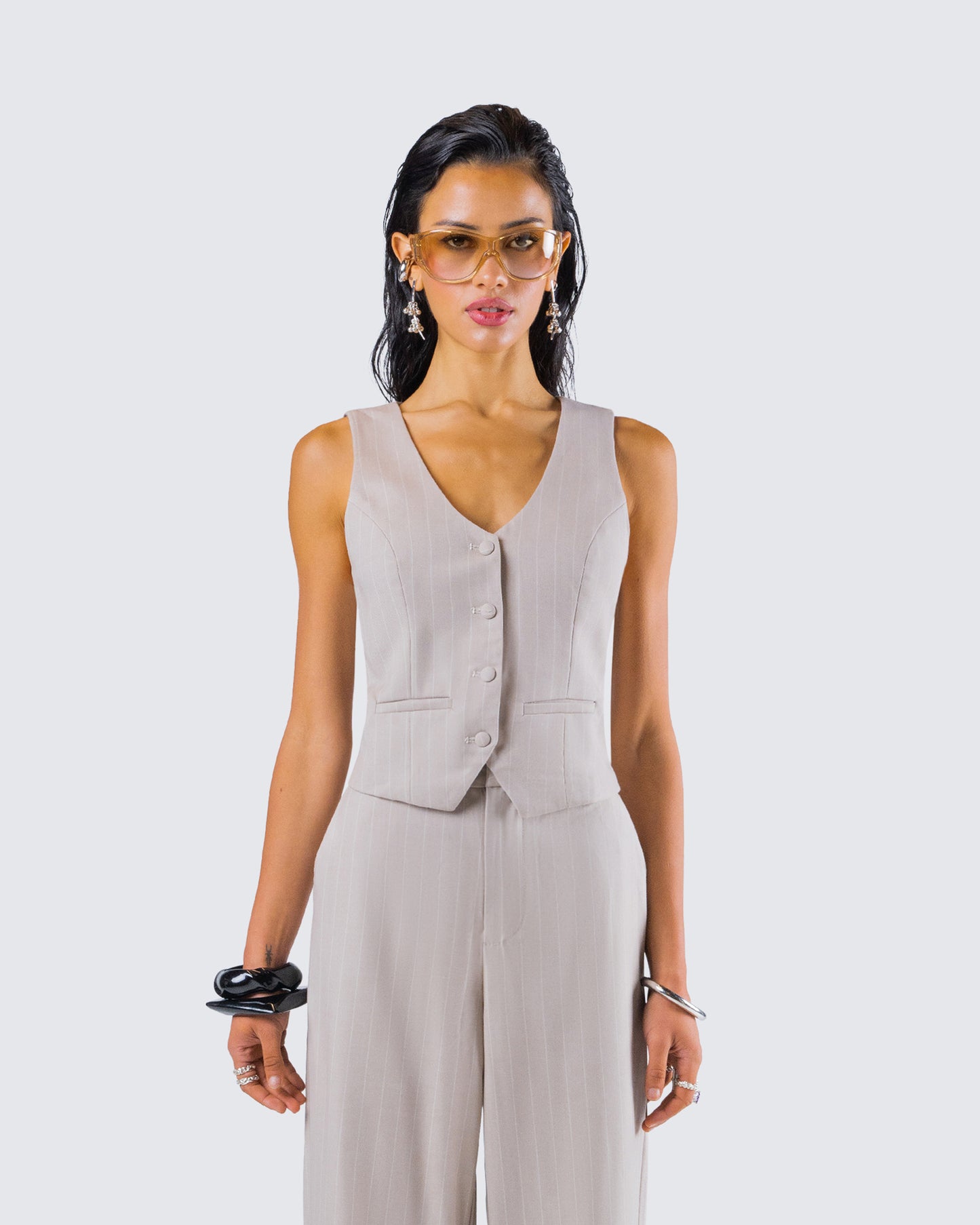 Jaelyn Beige Pinstripe Vest model front