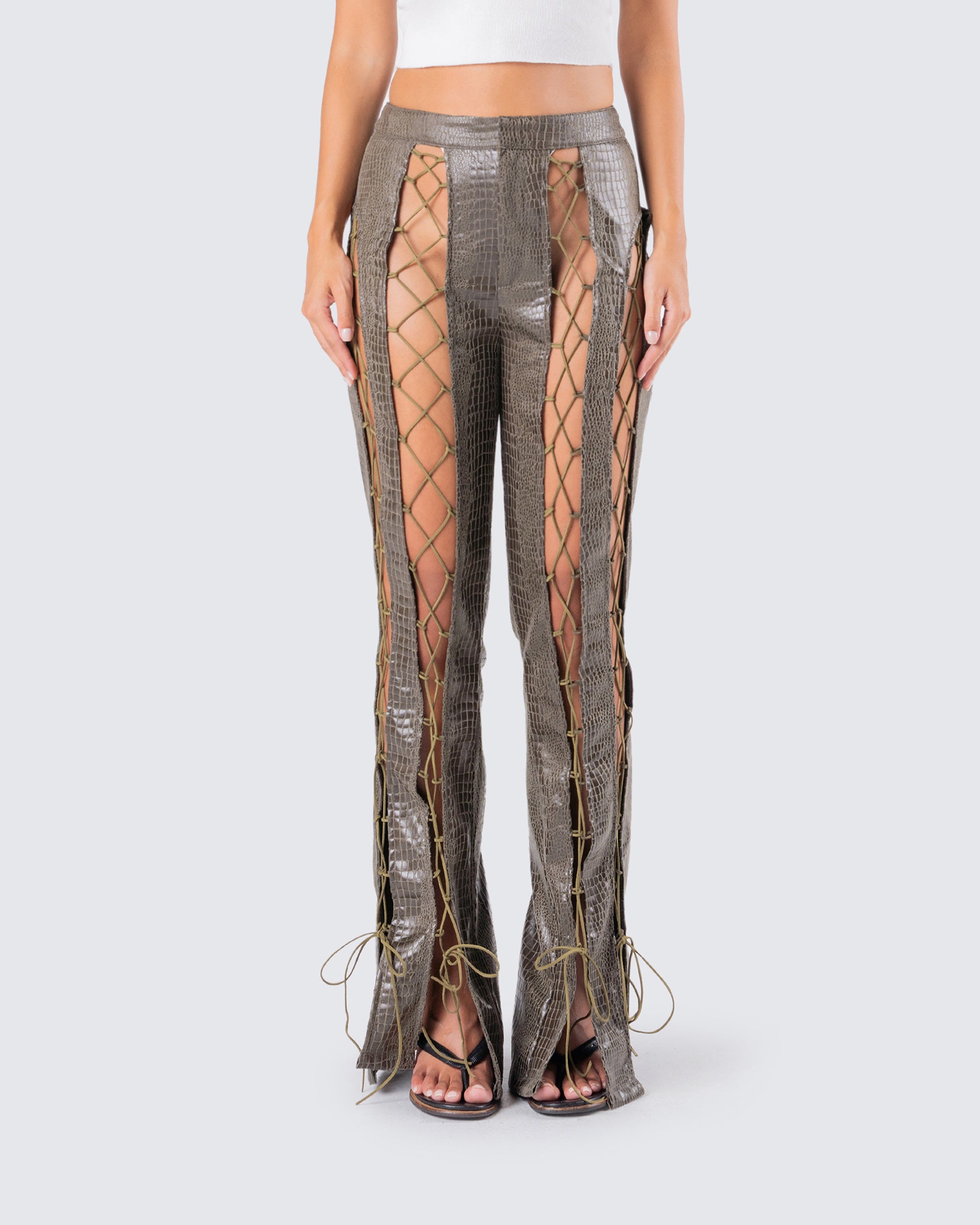 Jax Olive Lace Up Pants model front