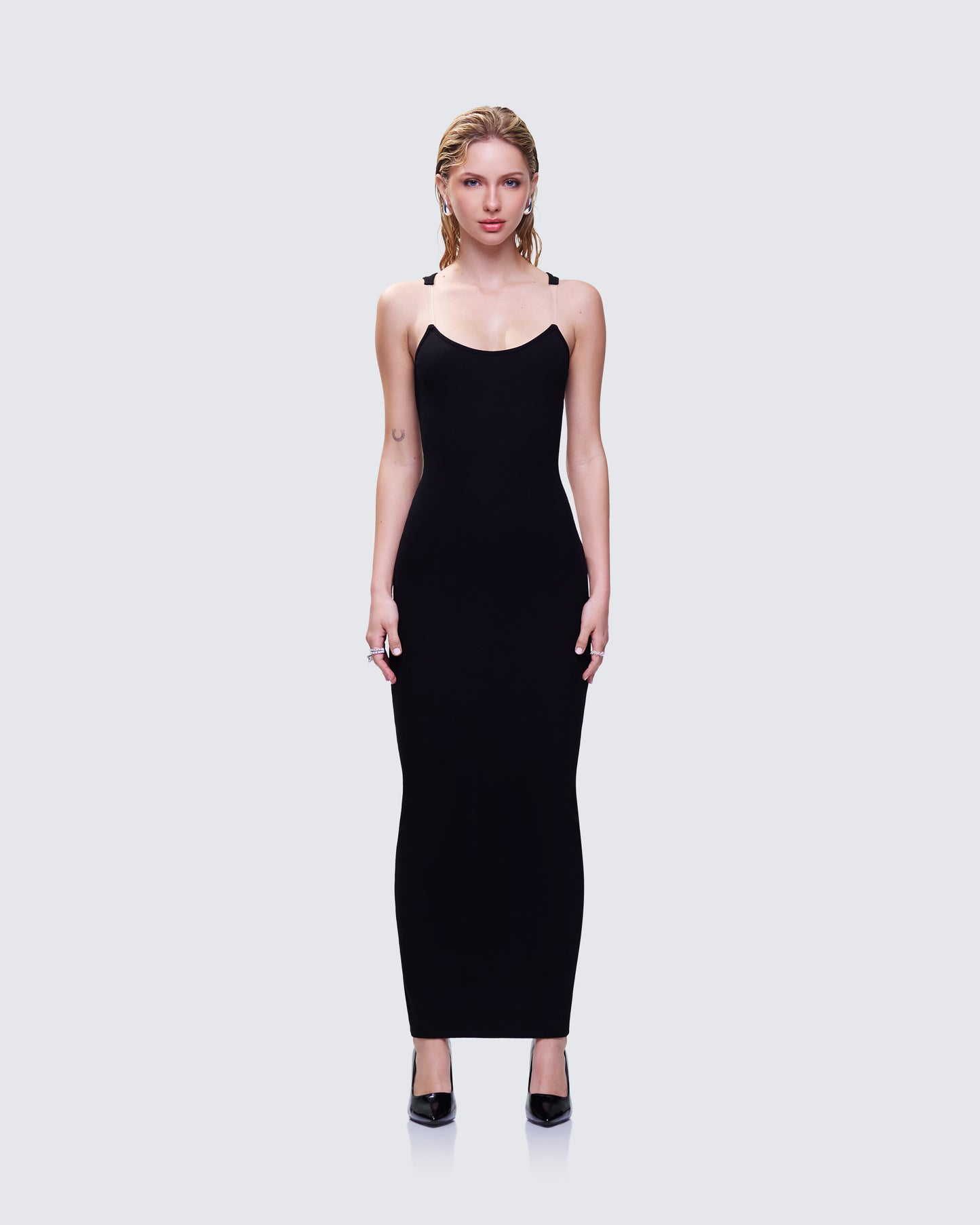 Jazlyn Black Invisible Strap Maxi Dress model front