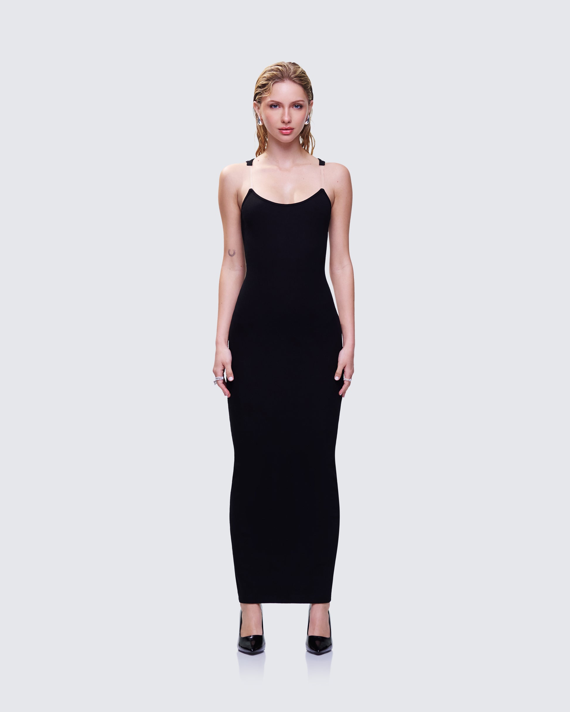 Jazlyn Black Invisible Strap Maxi Dress model front