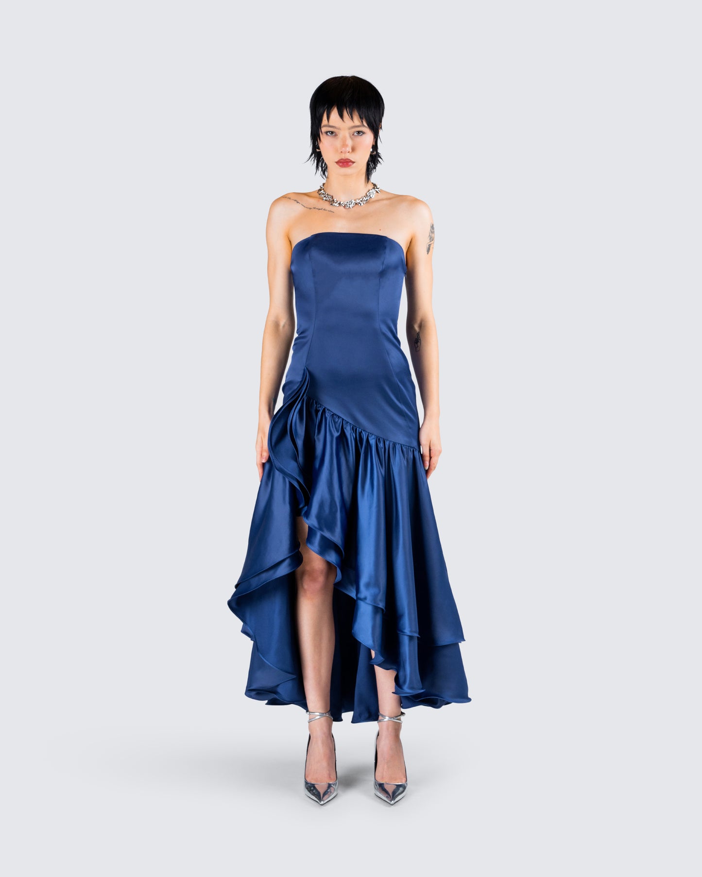 Jo Navy Ruffle Maxi Dress model front