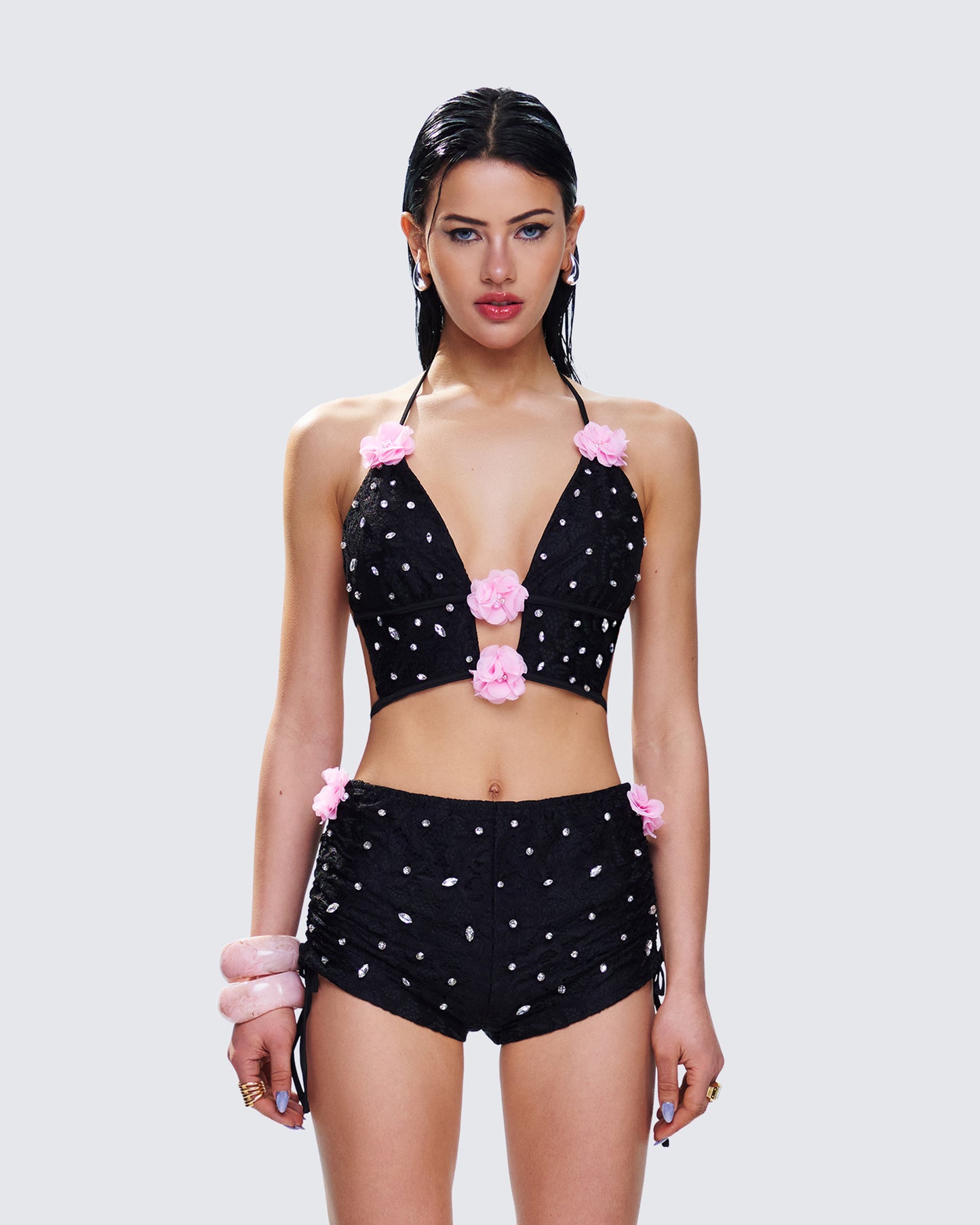 Julissa Black Hand Beaded Rhinestone Top model front