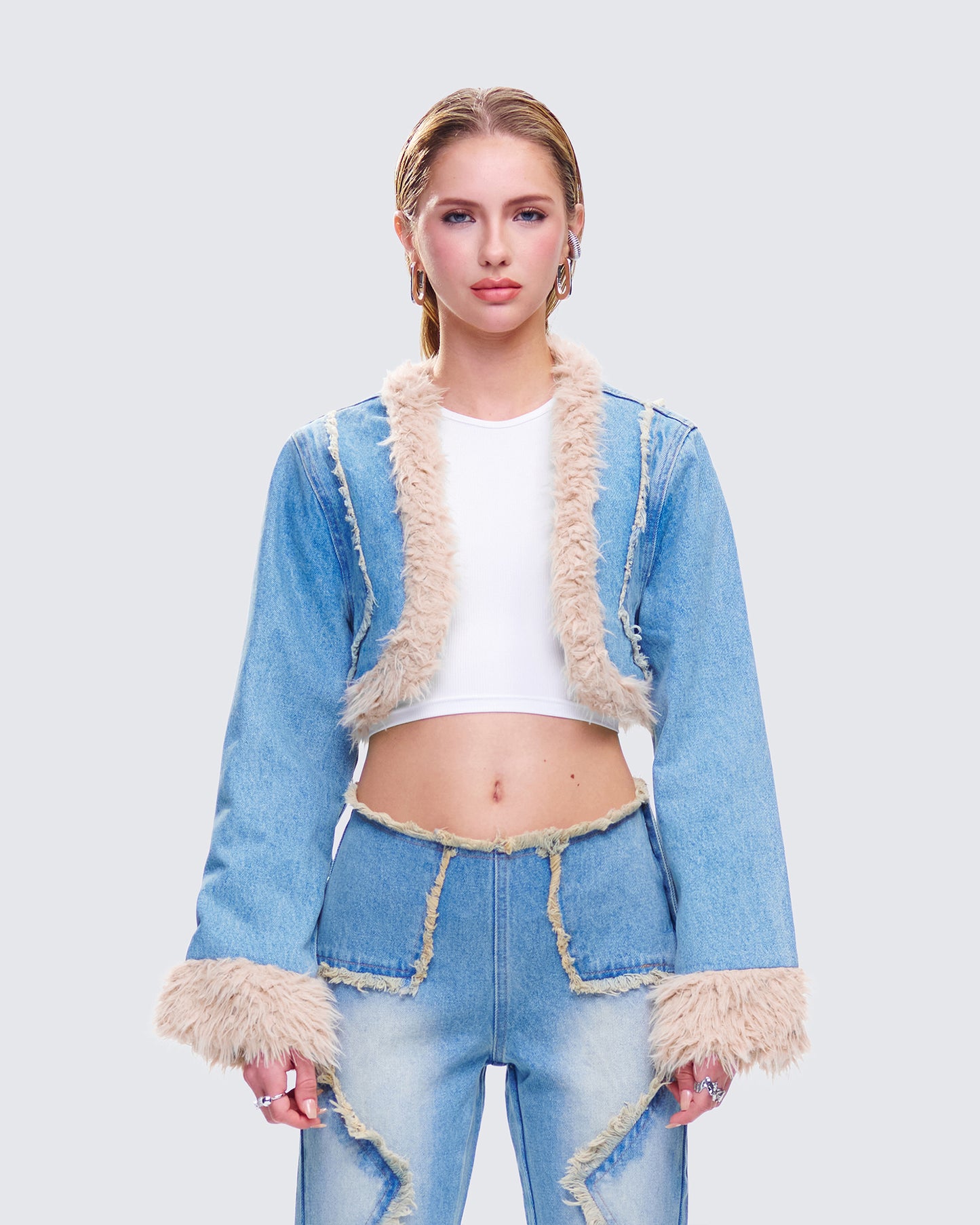 Kaiana Blue Denim Cropped Jacket model front