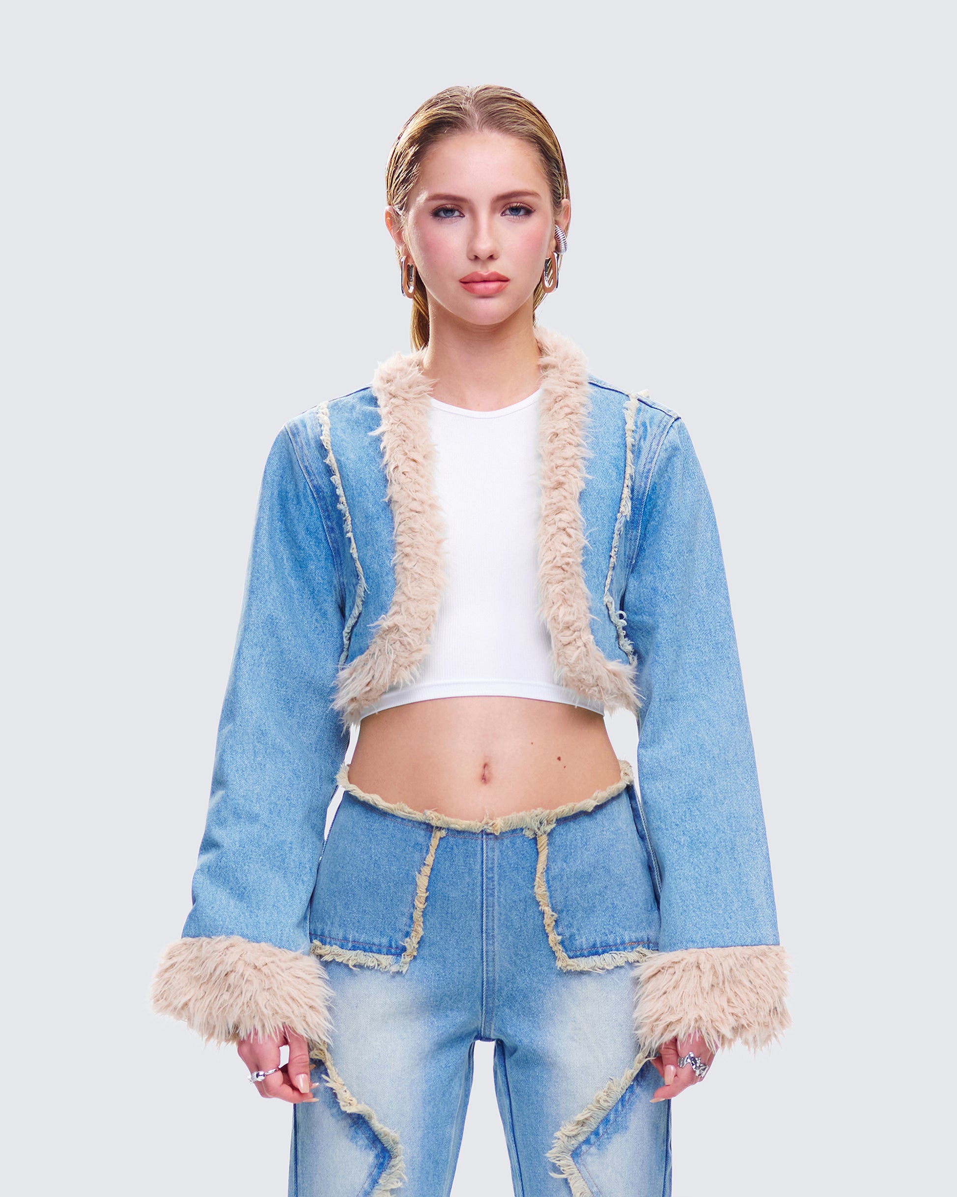 Kaiana Blue Denim Cropped Jacket model front