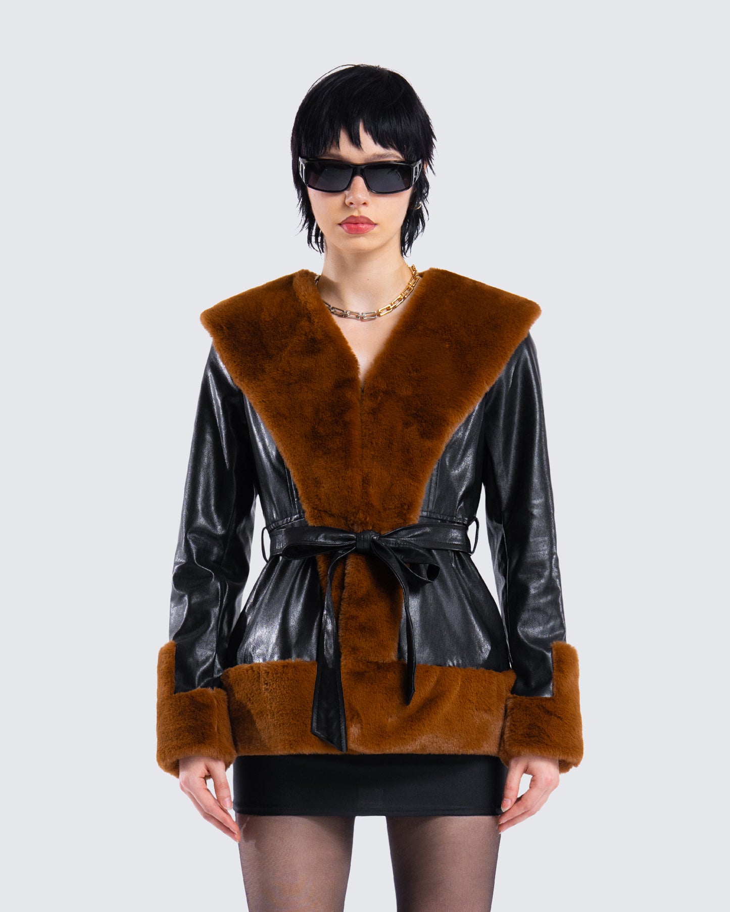 Kalilah Black Faux Leather Coat model front