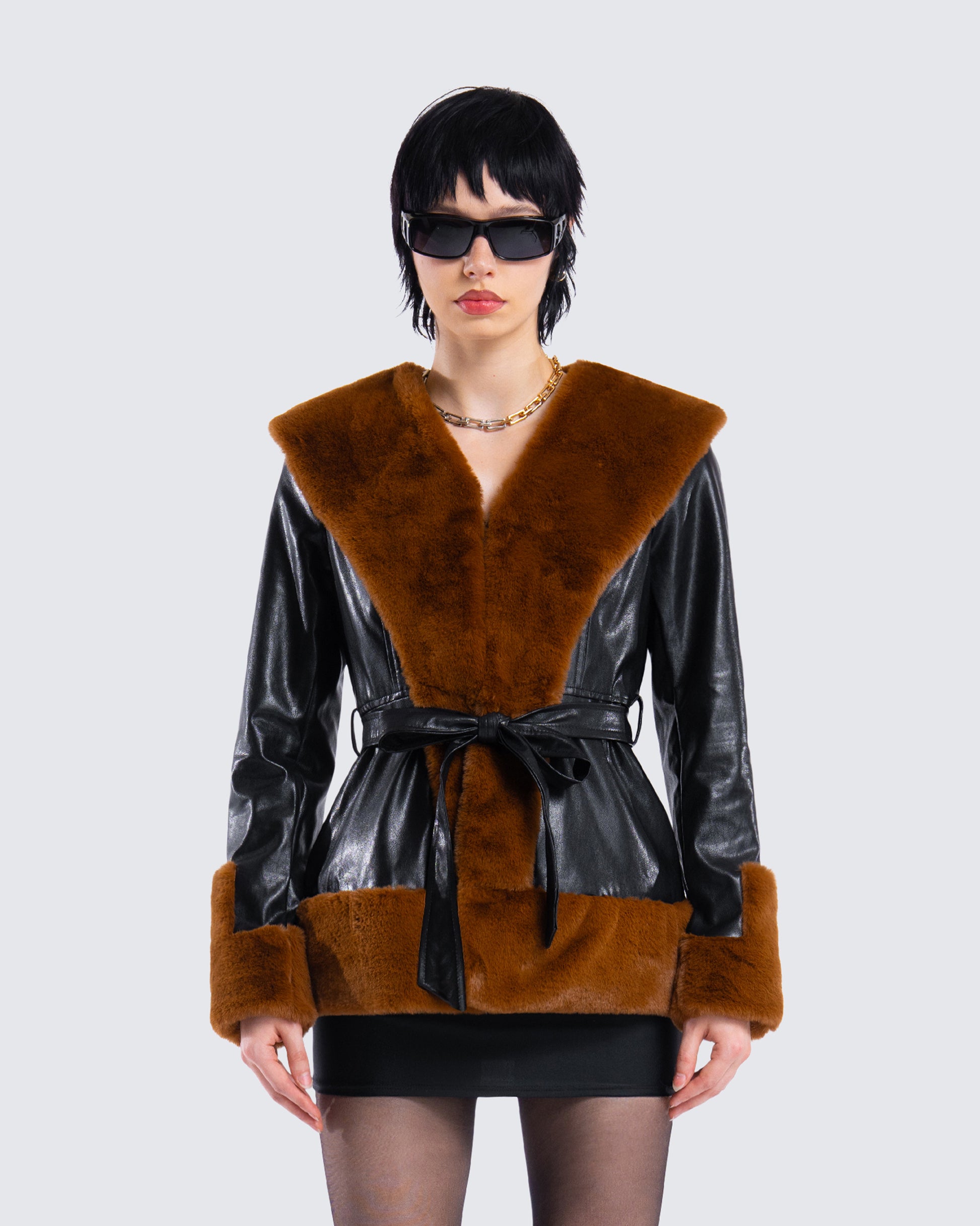Kalilah Black Faux Leather Coat model front