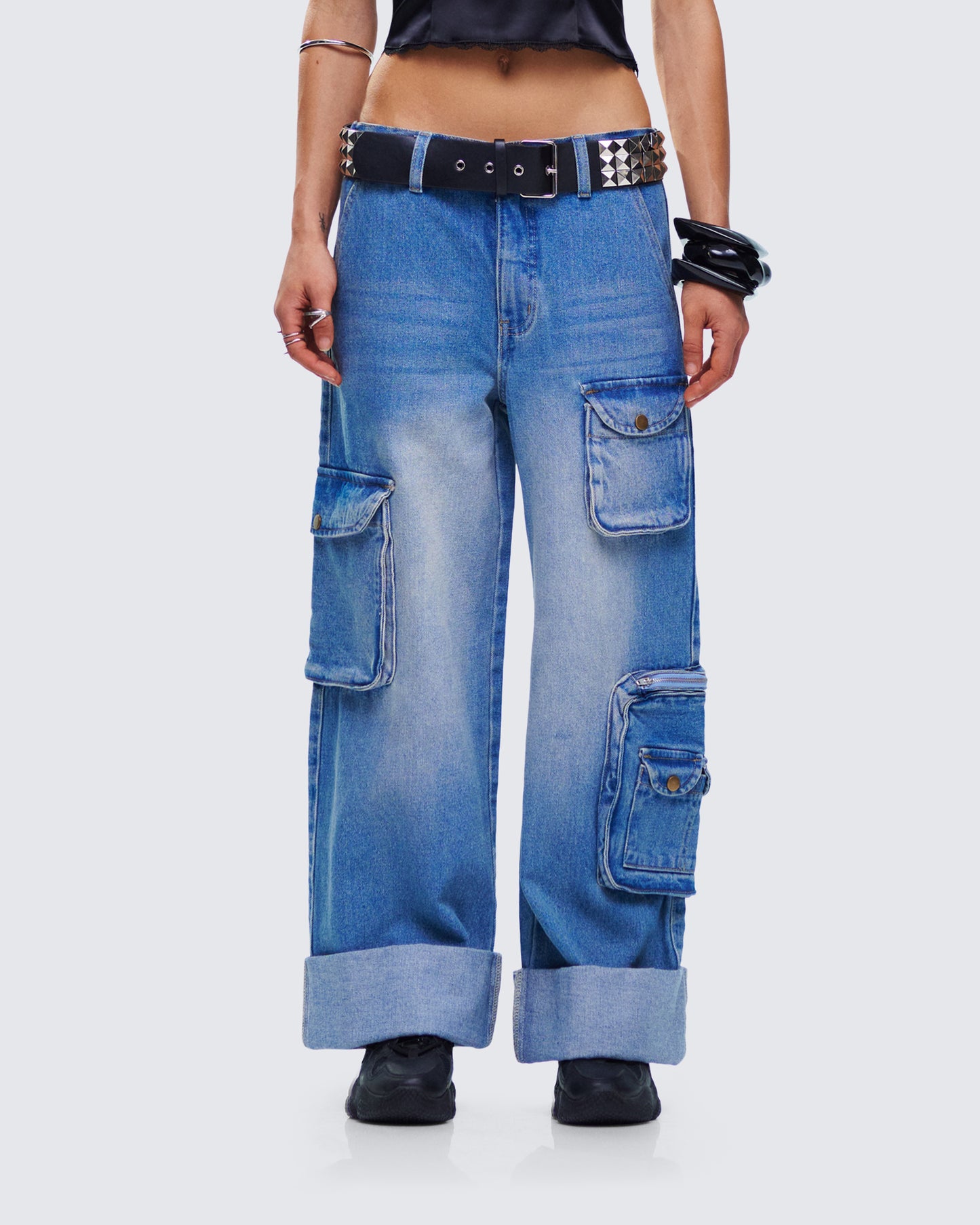 Karen Blue Denim Cargo Pant model front