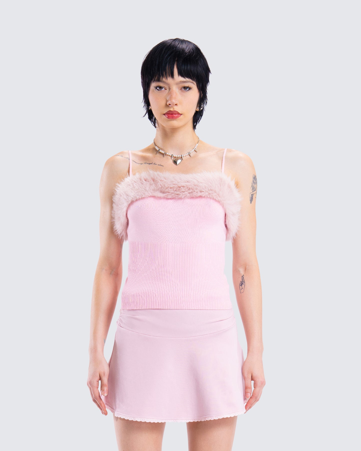 Karlissa Pink Fur Trim Cami Top model front