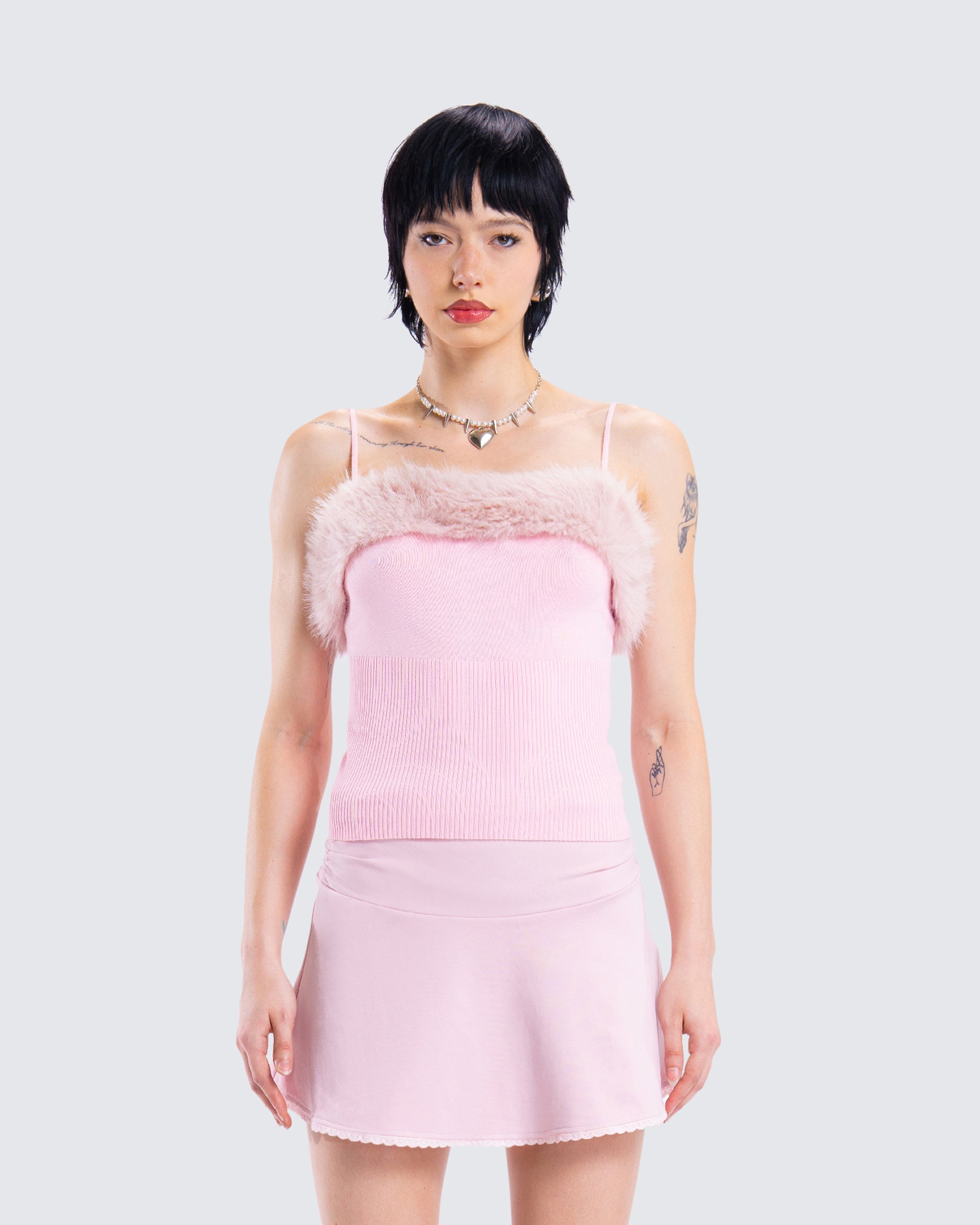 Karlissa Pink Fur Trim Cami Top model front
