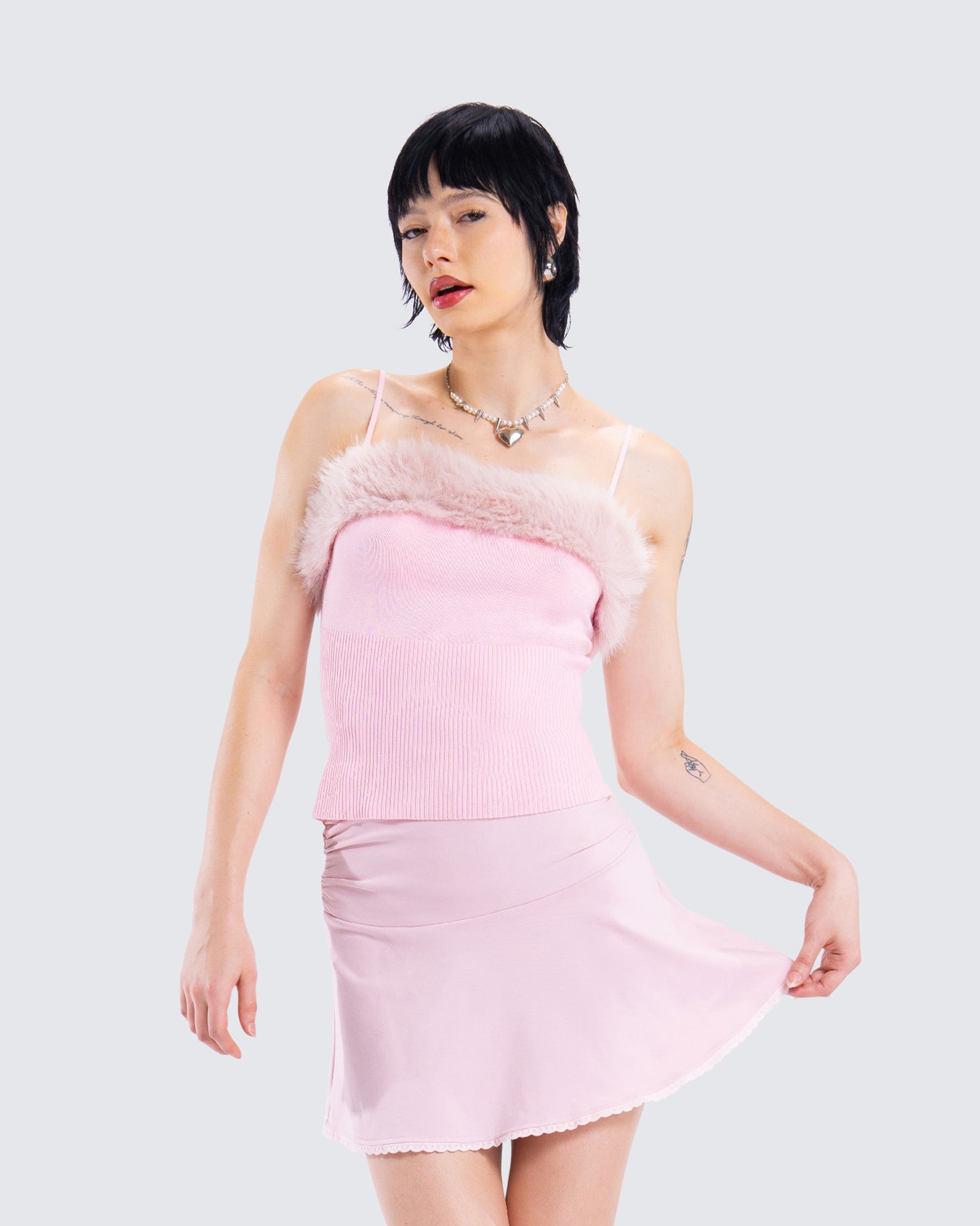 Karlissa Pink Fur Trim Cami Top