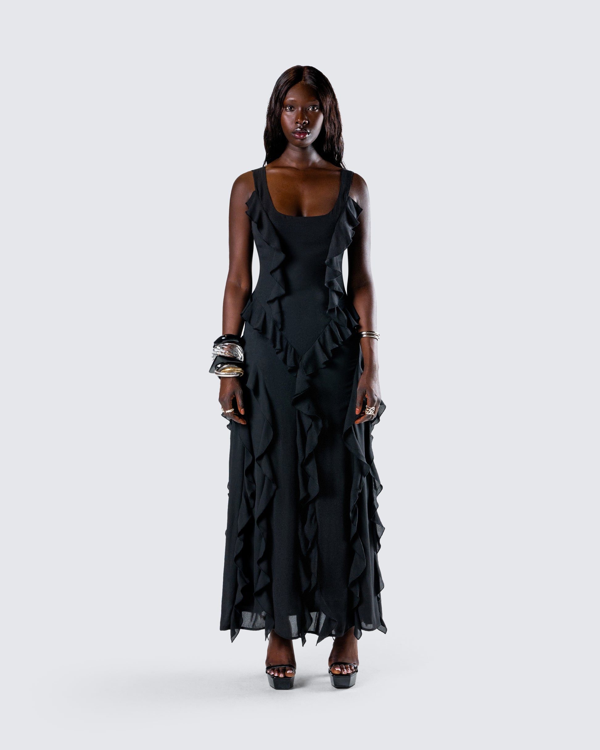 Katelyn Black Ruffle Maxi Dress model front