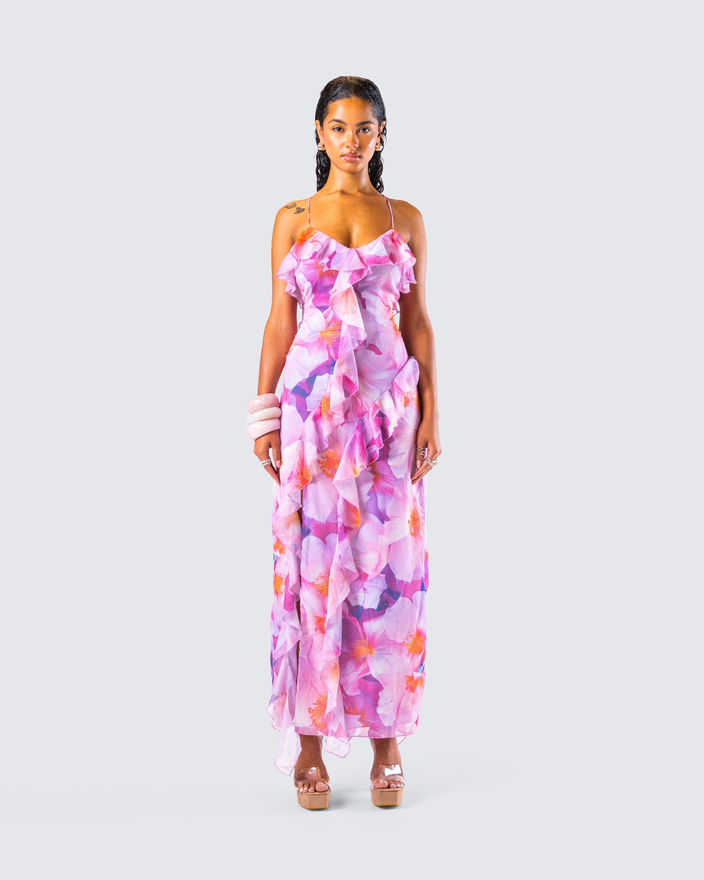 Kenya Pink Floral Ruffle Maxi Dress model front