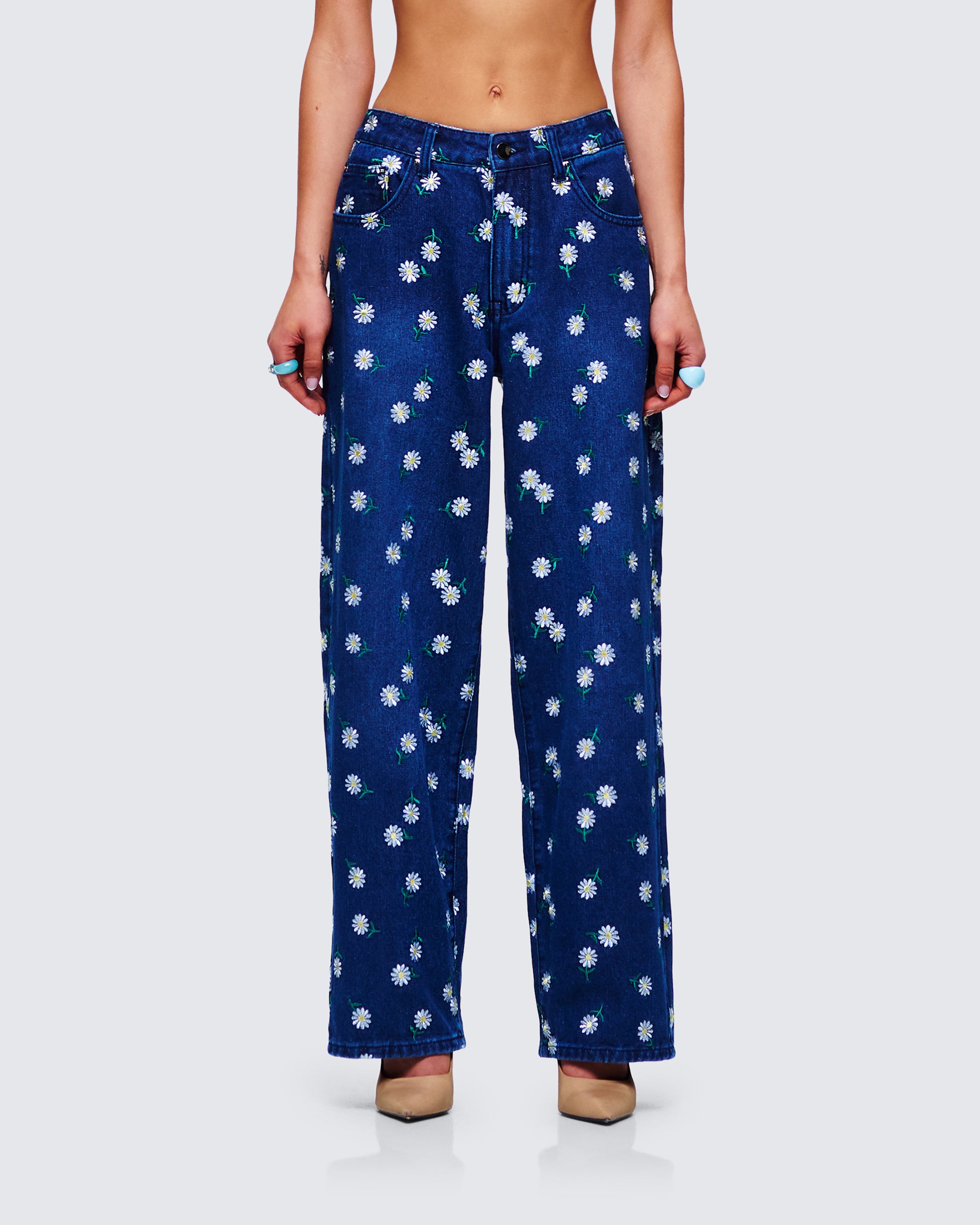 Kincade Blue Mid Rise Floral Embroidery Jean model front
