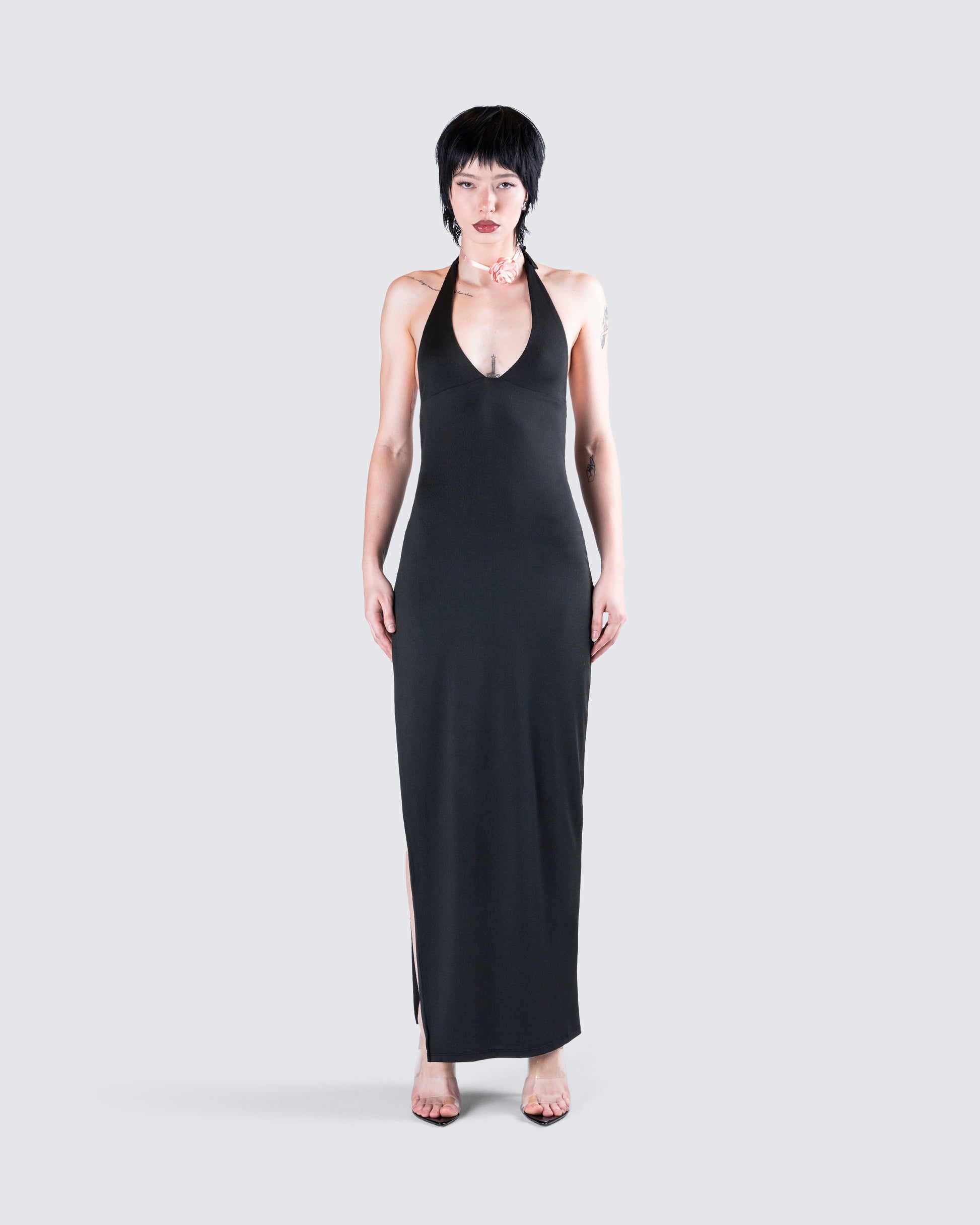Kiari Black Halter Maxi Dress model front
