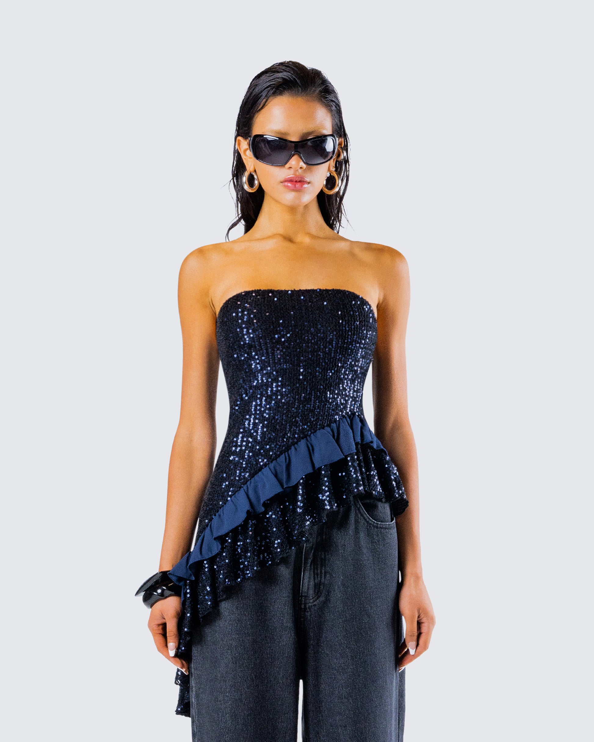 Kienna Navy Sequin Asymmetrical Top
model front
