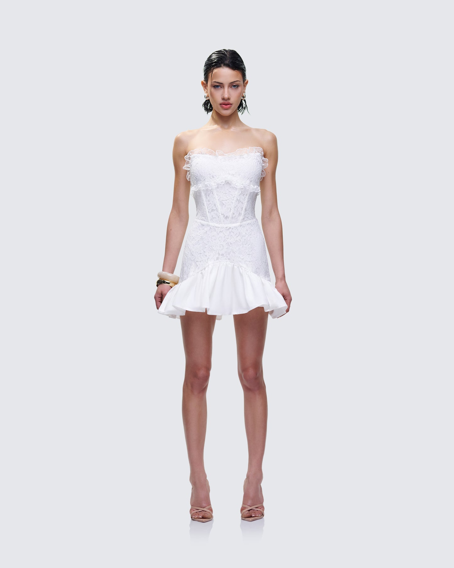 Kimi White Lace Corset Mini Dress model front