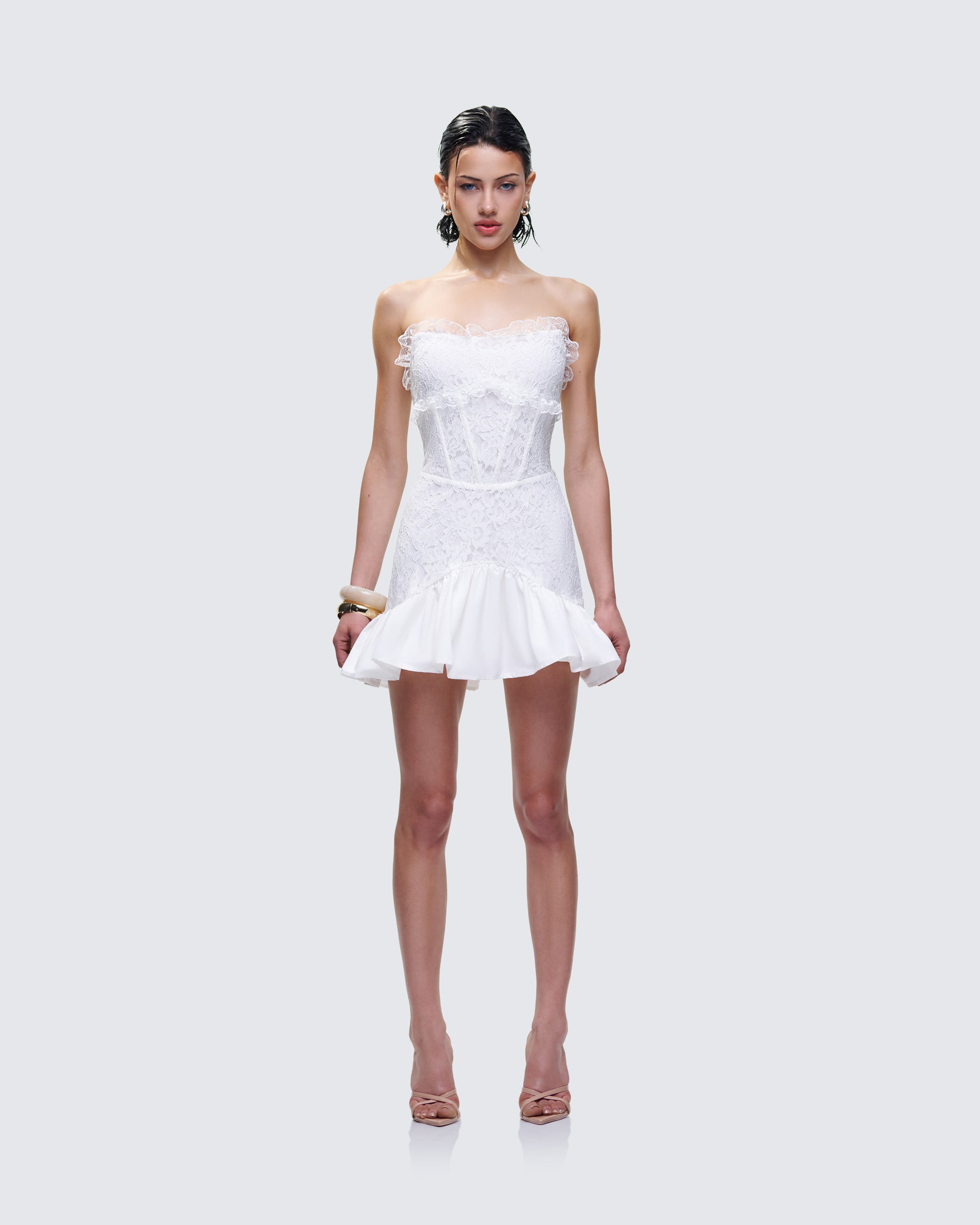 Kimi White Lace Corset Mini Dress model front