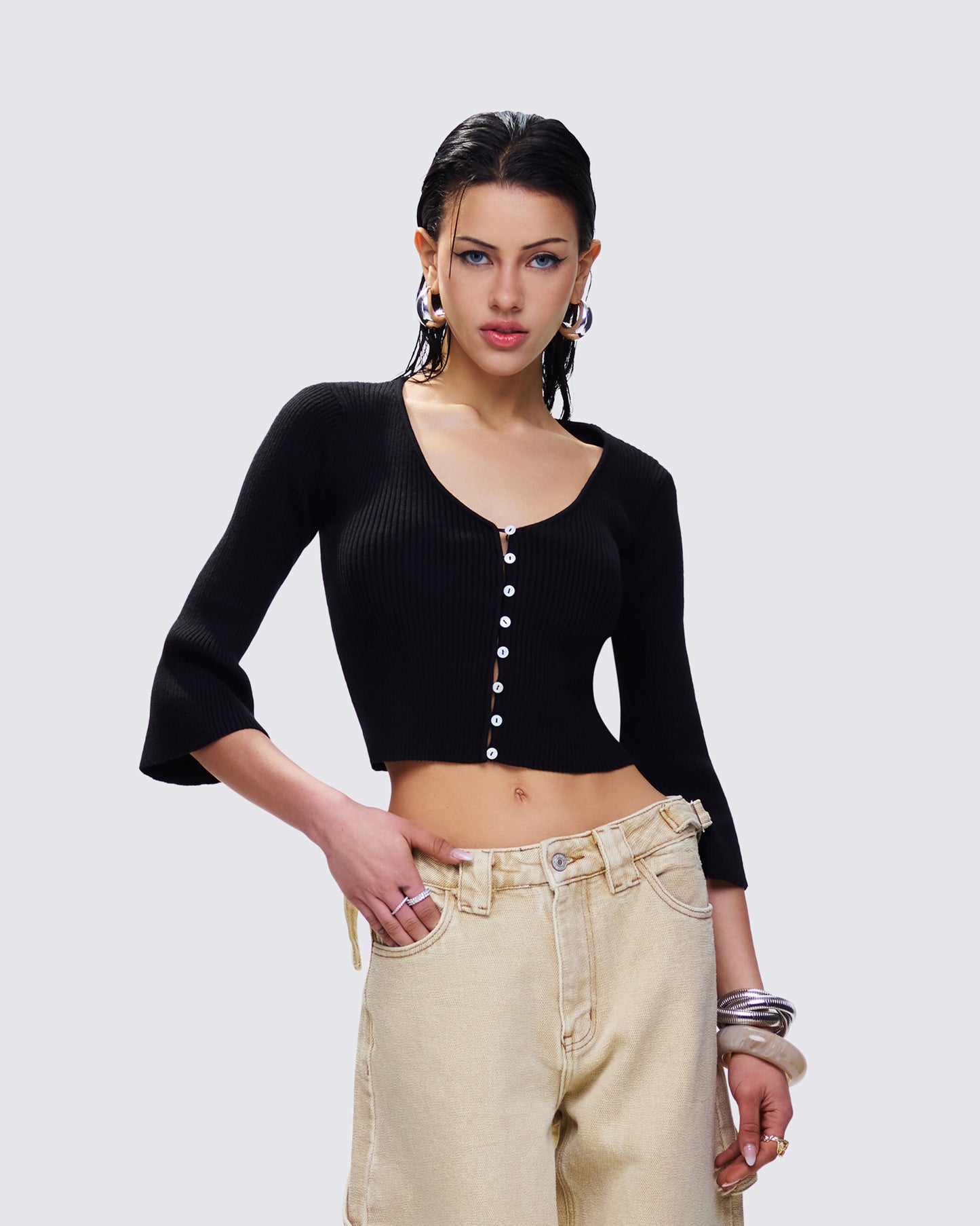 Kimmy Black Ribbed Cardigan Top